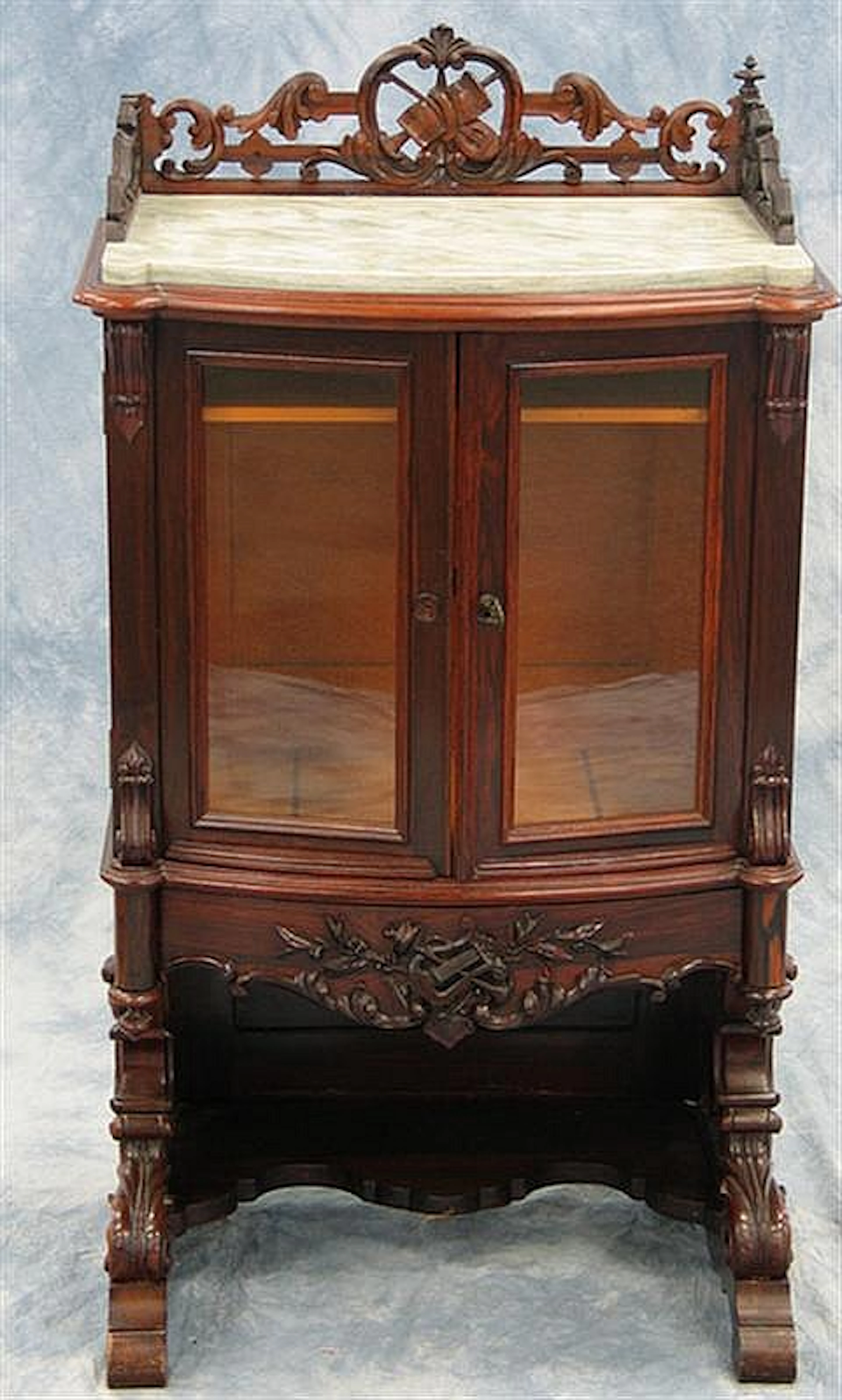 American Roccoco Revival rosewood music cabinet with white marble top