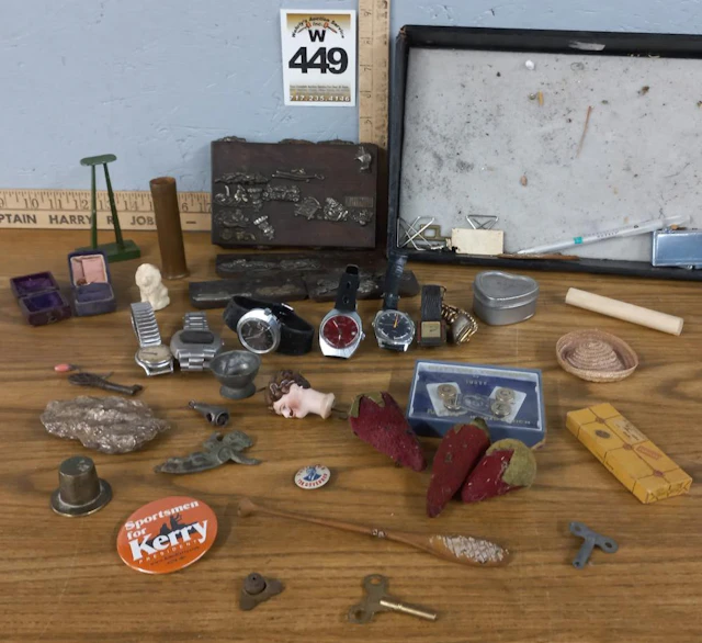 Tray lot: watch parts, pin cushions, oriental box