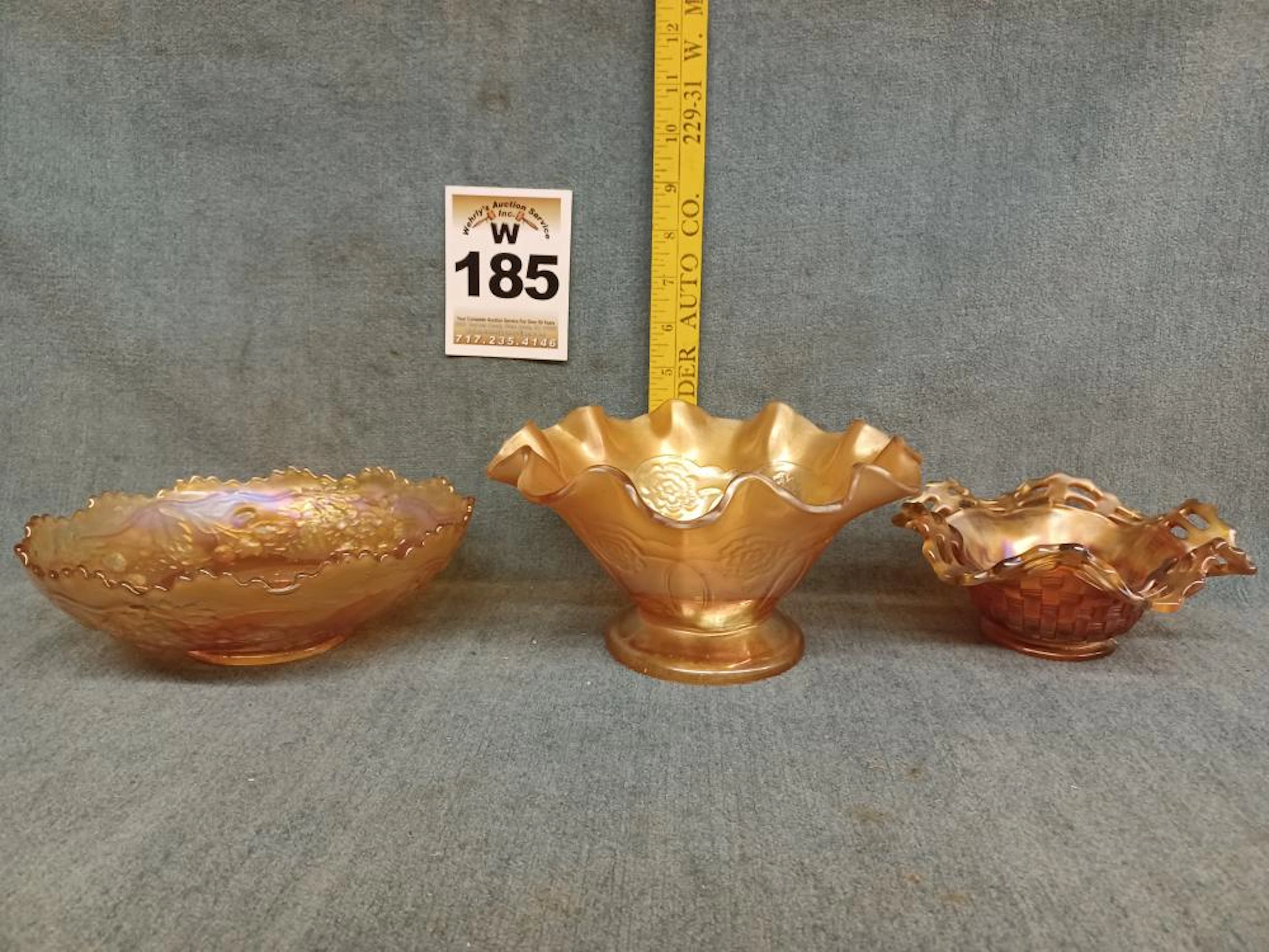 3 pieces of orange carnival glass