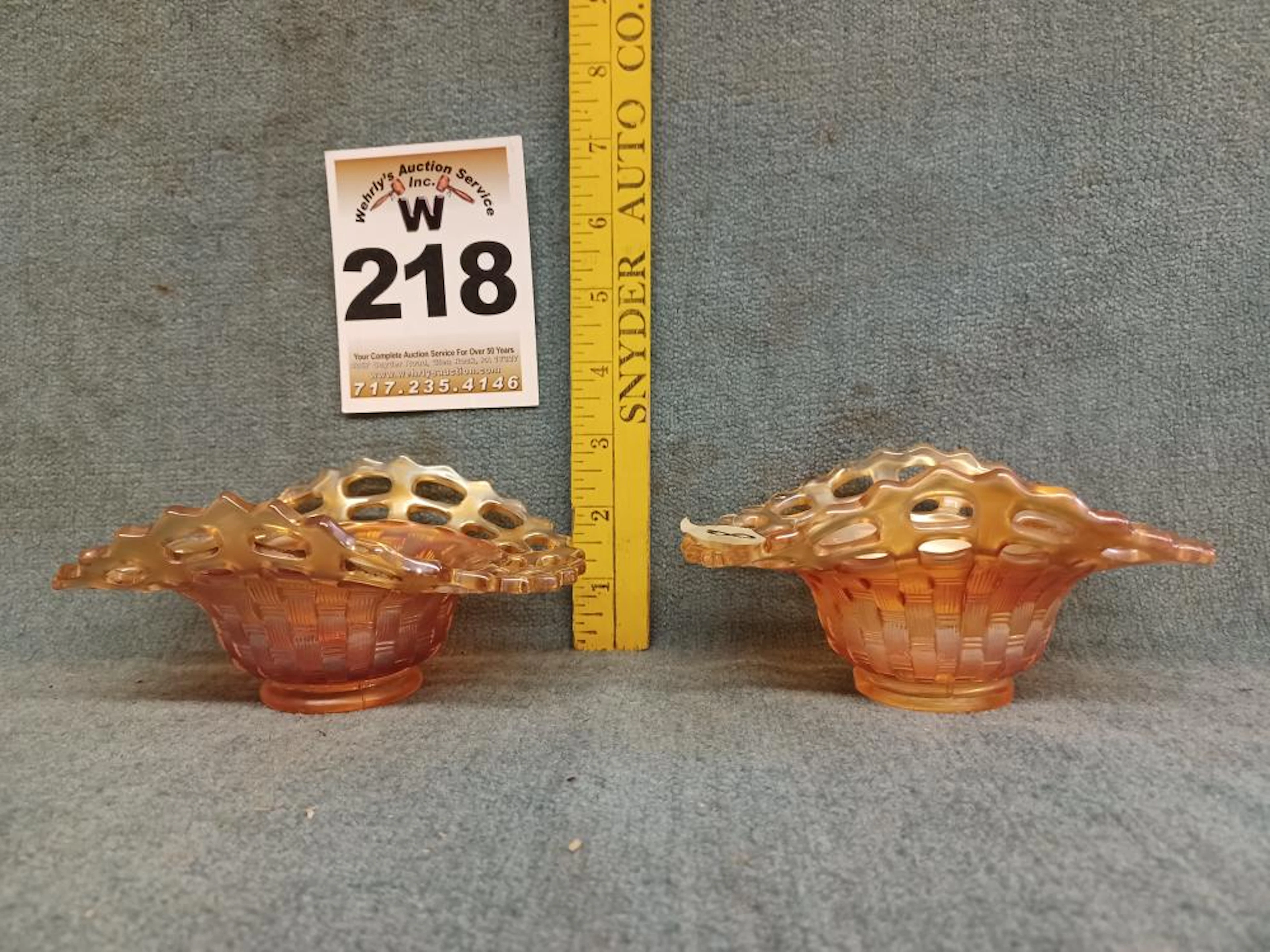 2 advertising orange carnival glass dishes