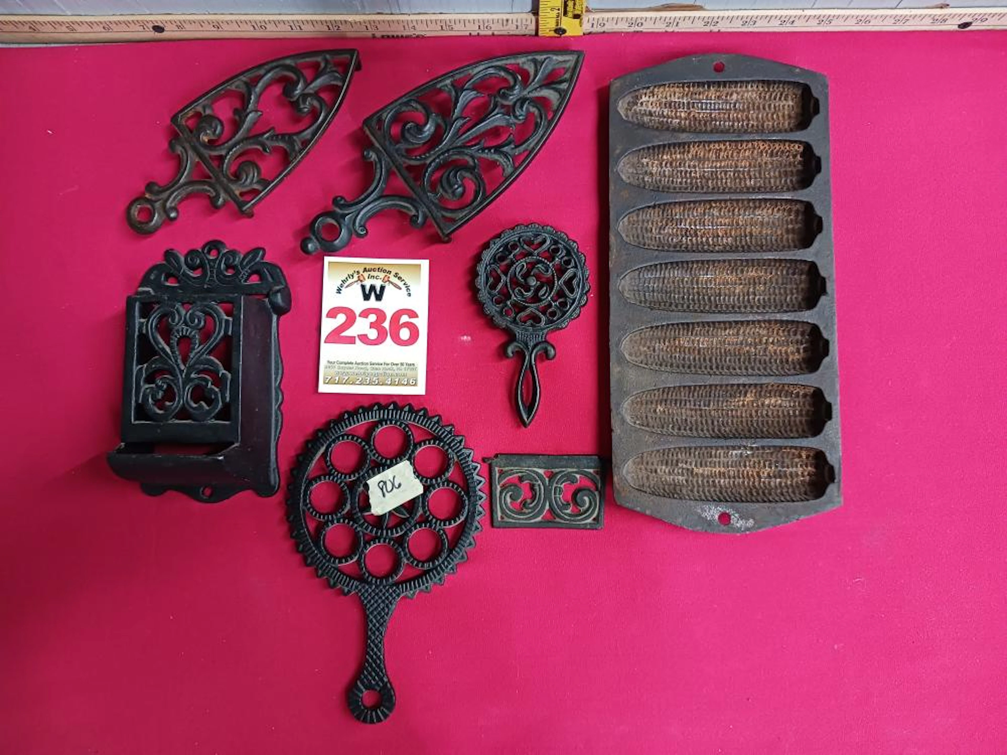 Tray Lot of Cast Iron, Cornbread Mold, 3 trivets