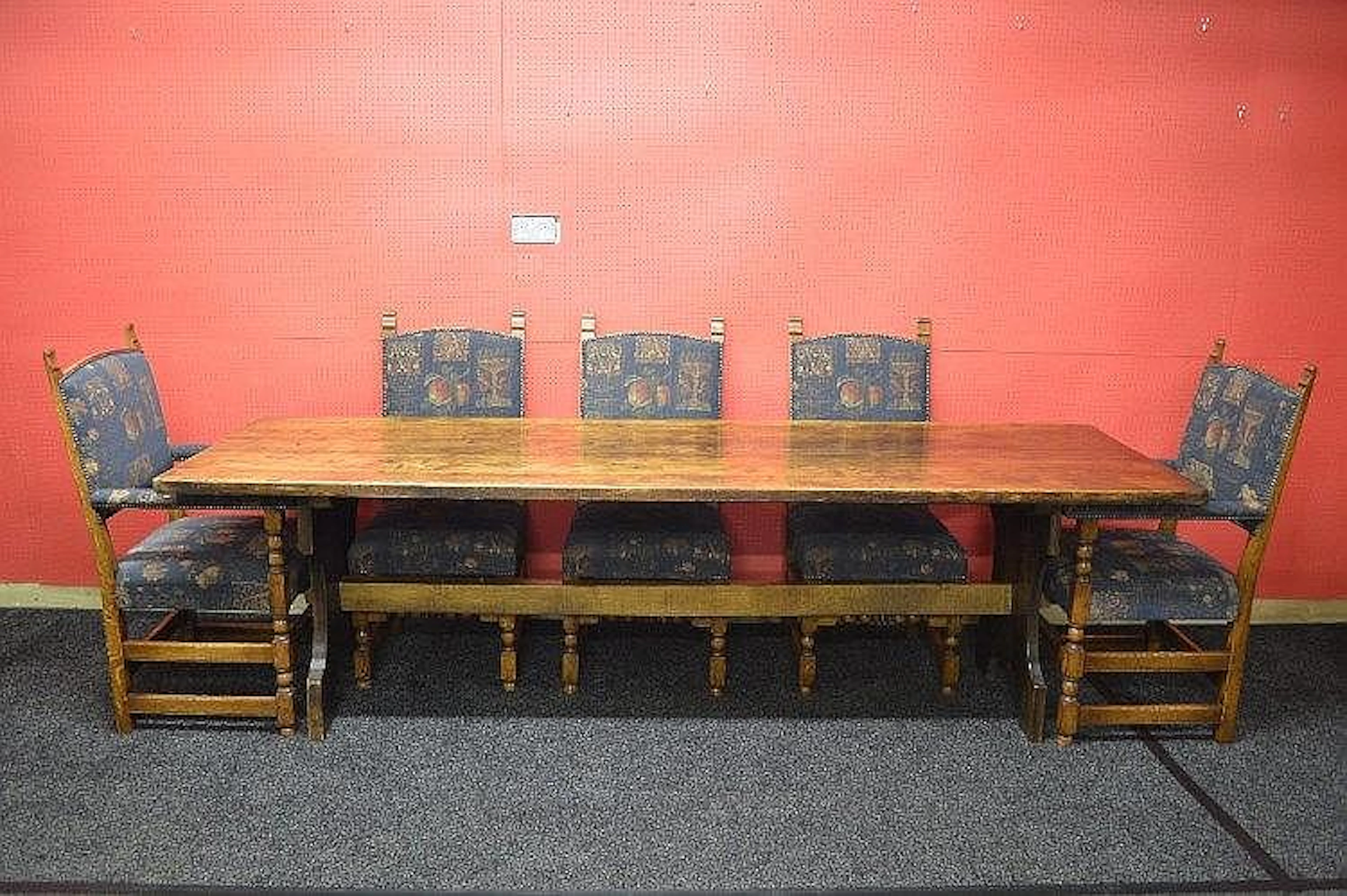 Oak plank top refectory table with stretchered legs...