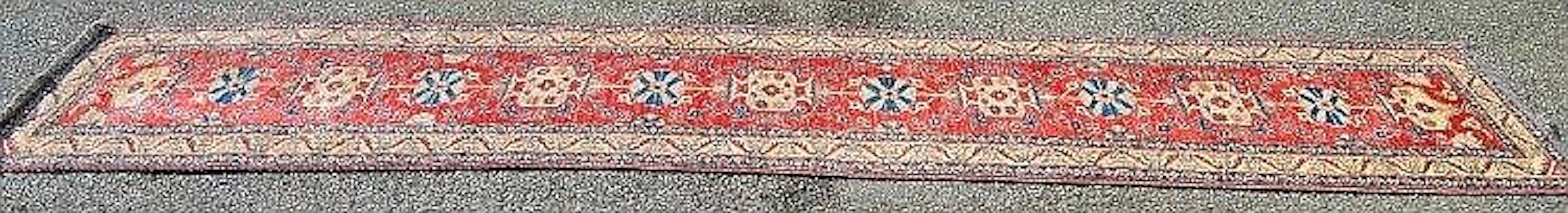 Red and cream carpet runner with blue and red pattern - 156'' x 33.5''