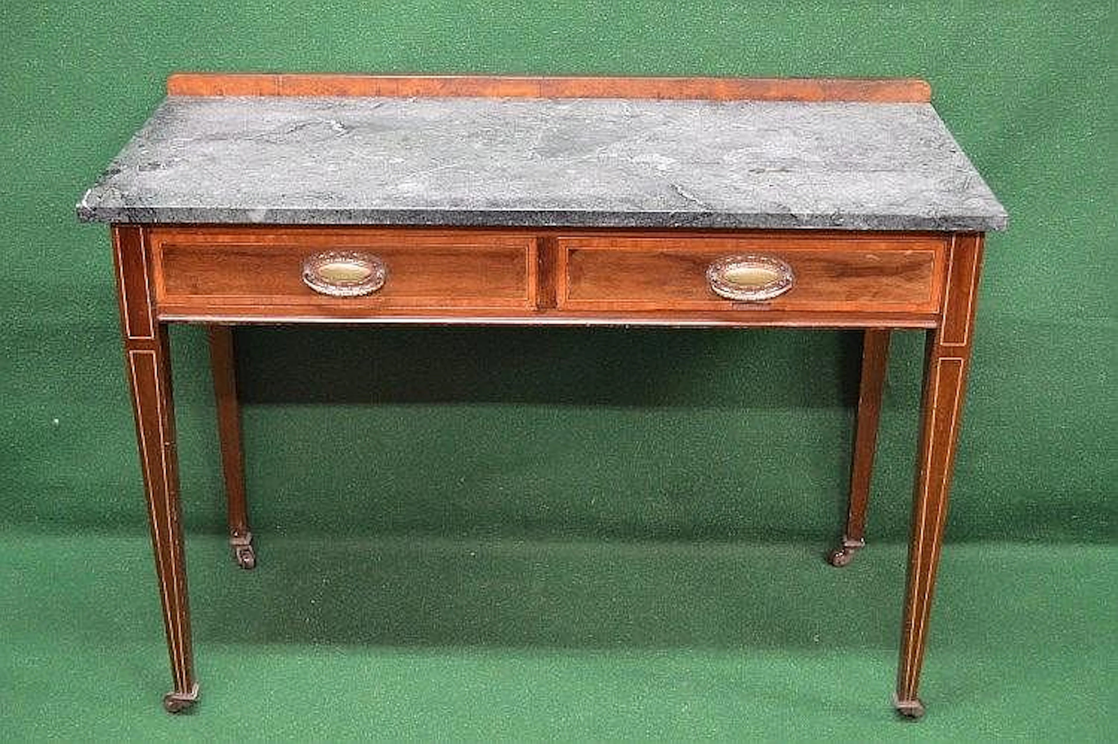Edwardian mahogany inlaid writing/side table with two...