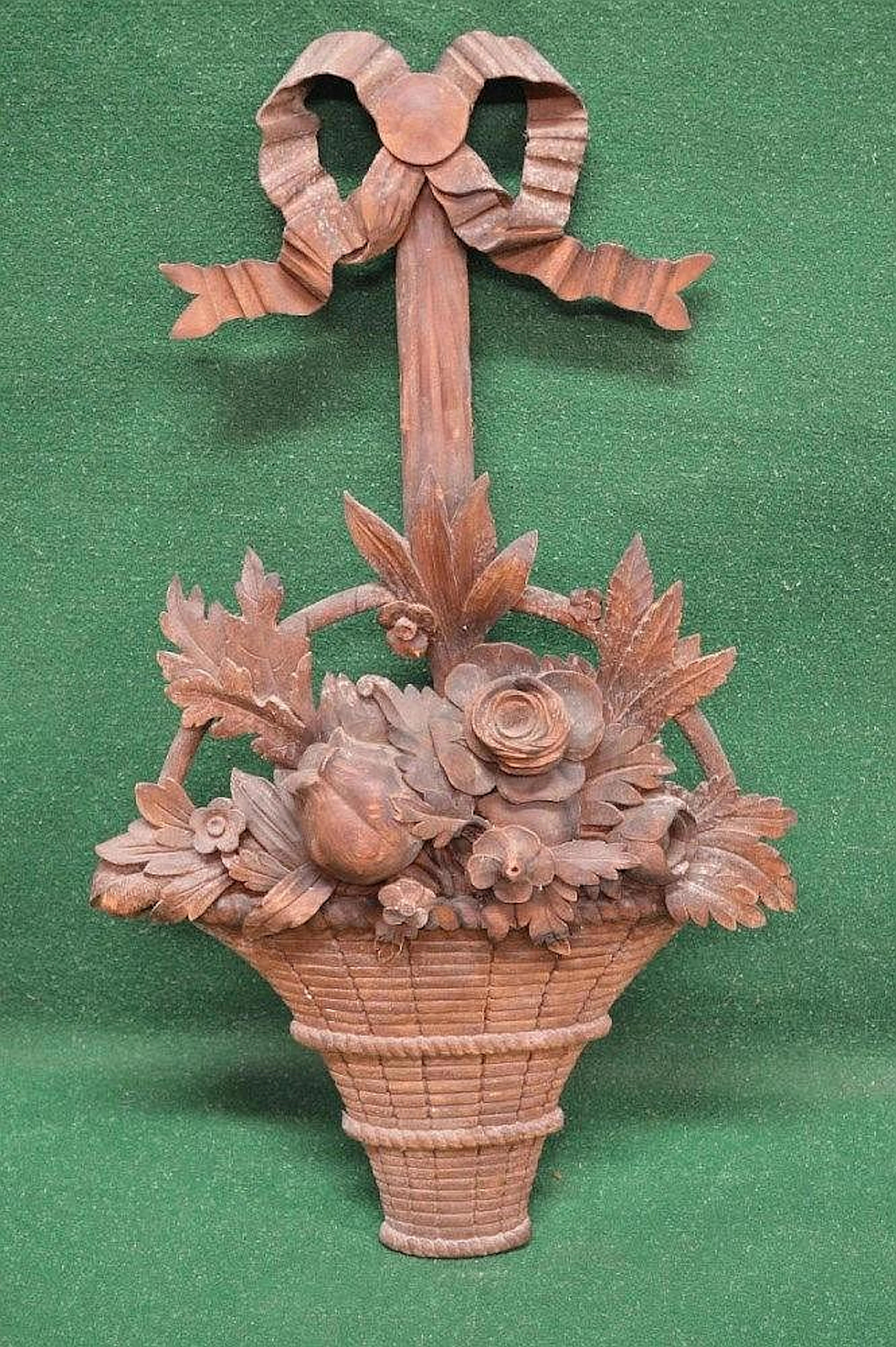 Late 19th century wood carved relief of basket of flowers...