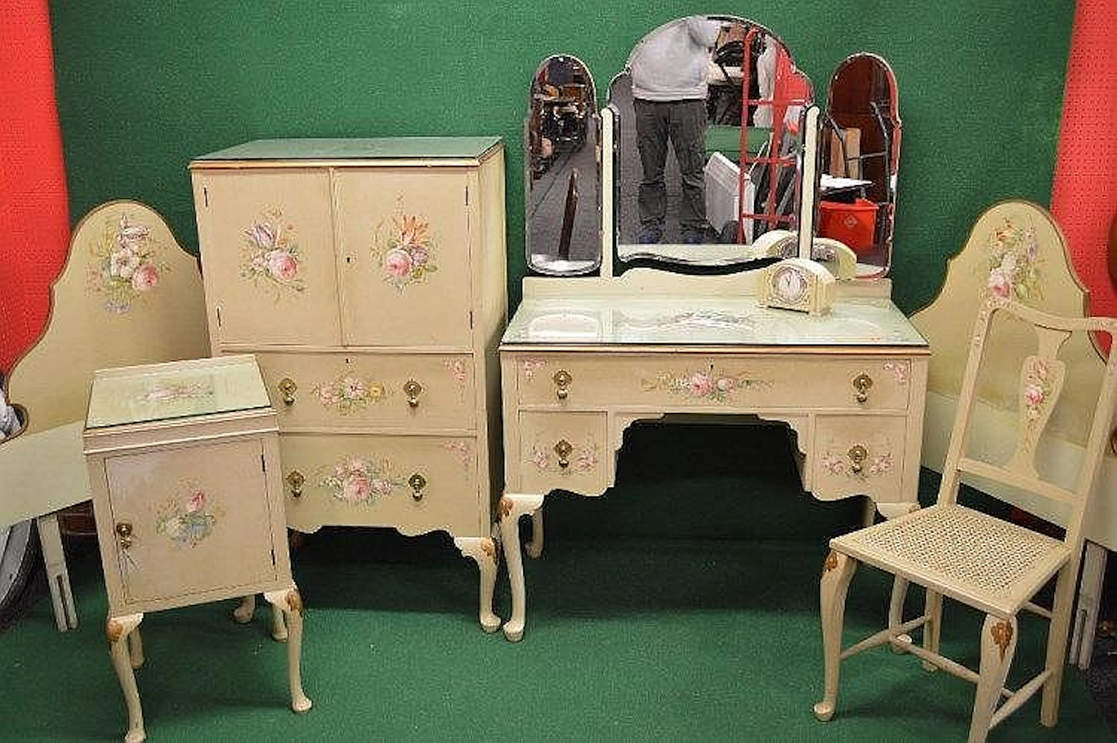 Mid 20th century painted bedroom set decorated with hand...