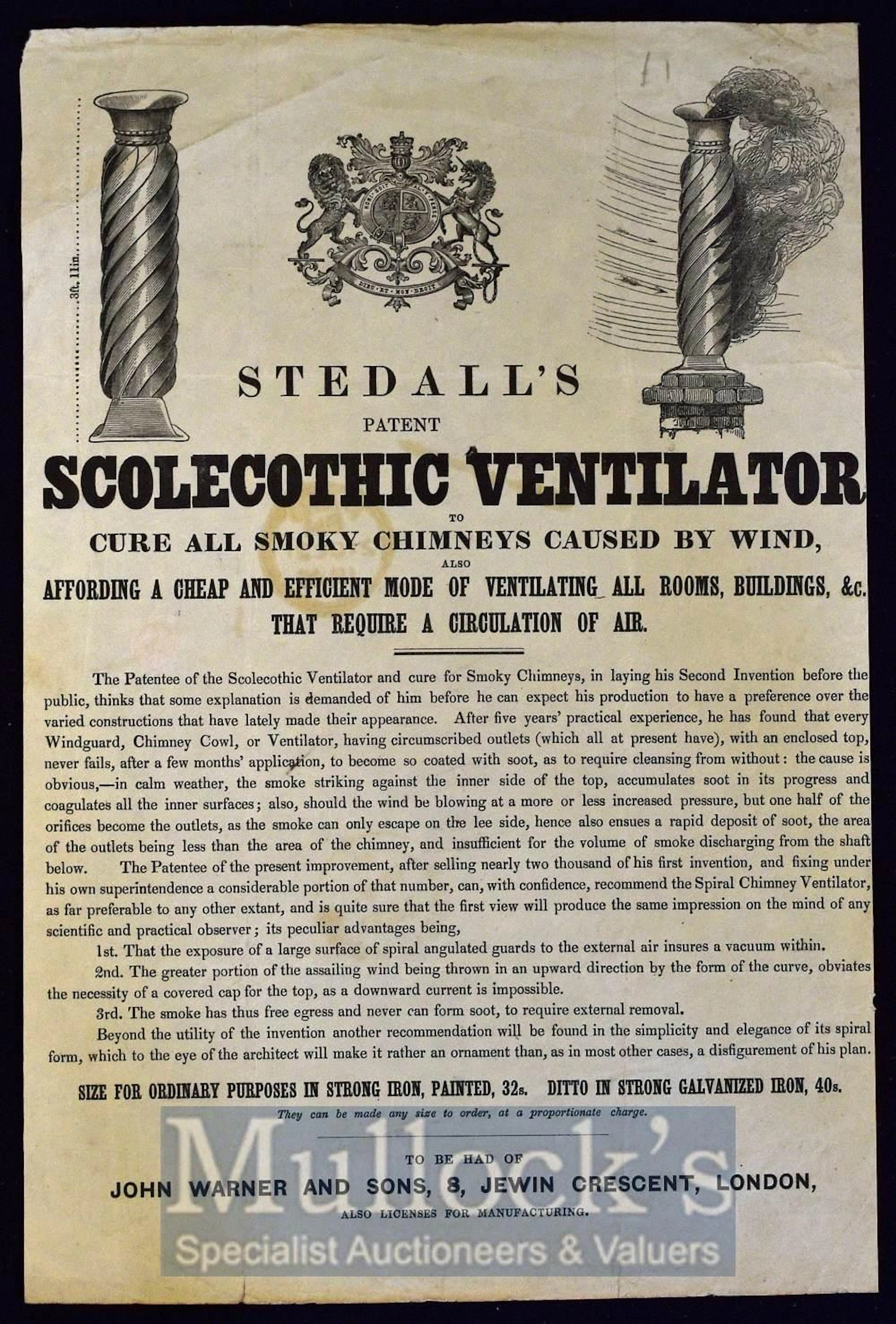 Broadside c.1840 ? ?Stedalls Patent Scolecothic...