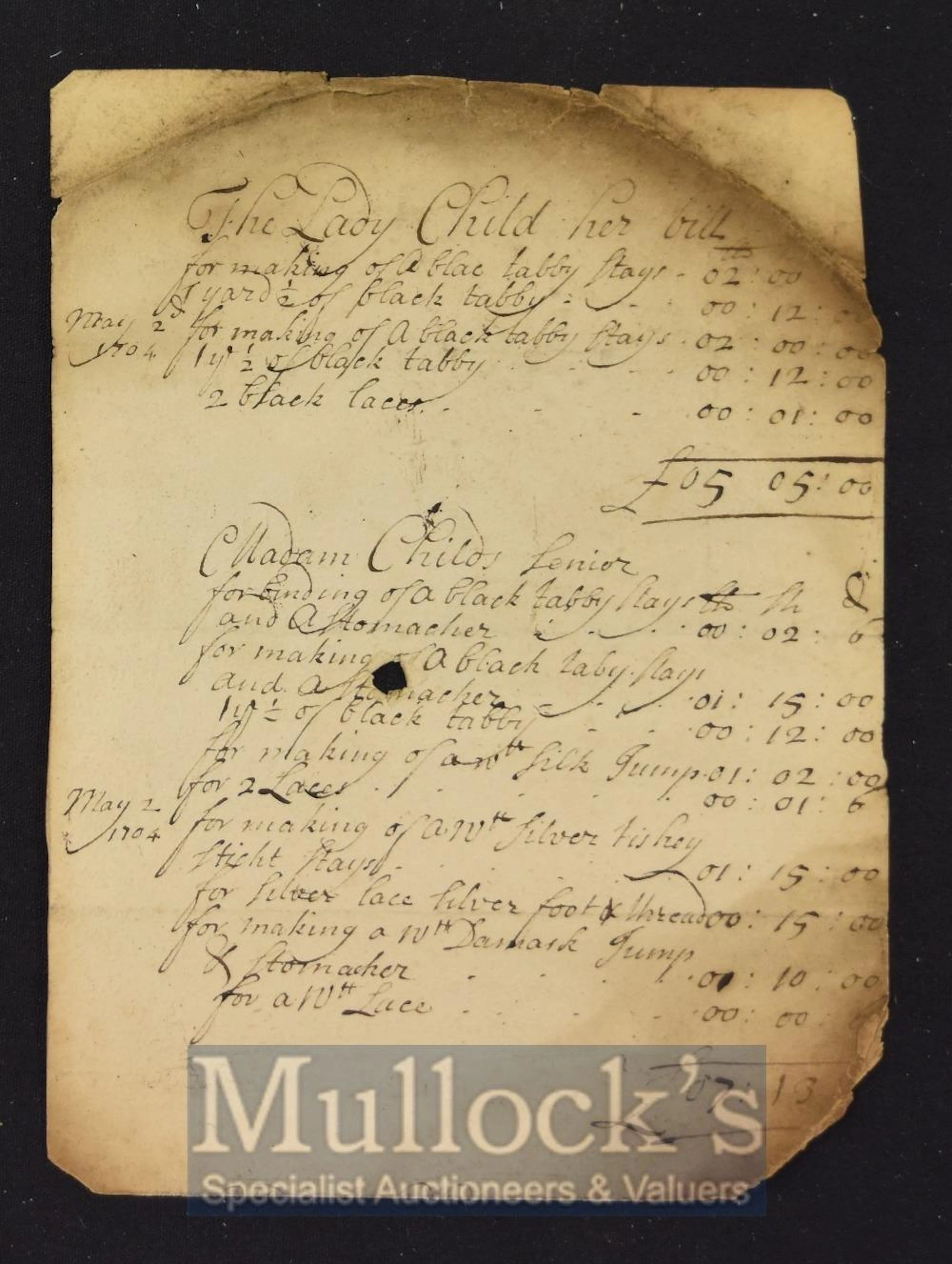 Queen Anne Period Milliners Bill 1704 ? A Manuscript Bill...