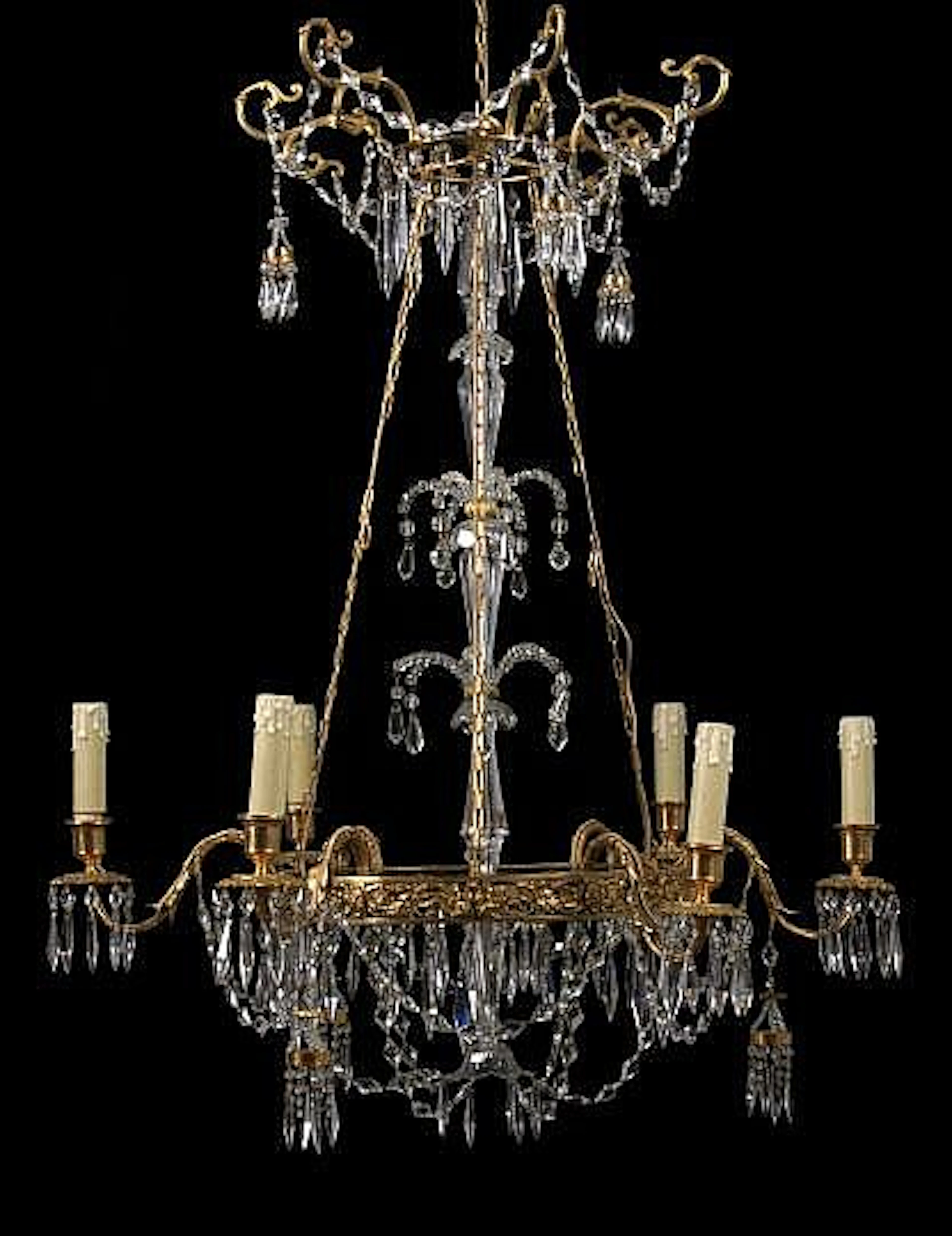 Scandinavian Gilt-Brass and Cut Glass Six-Light