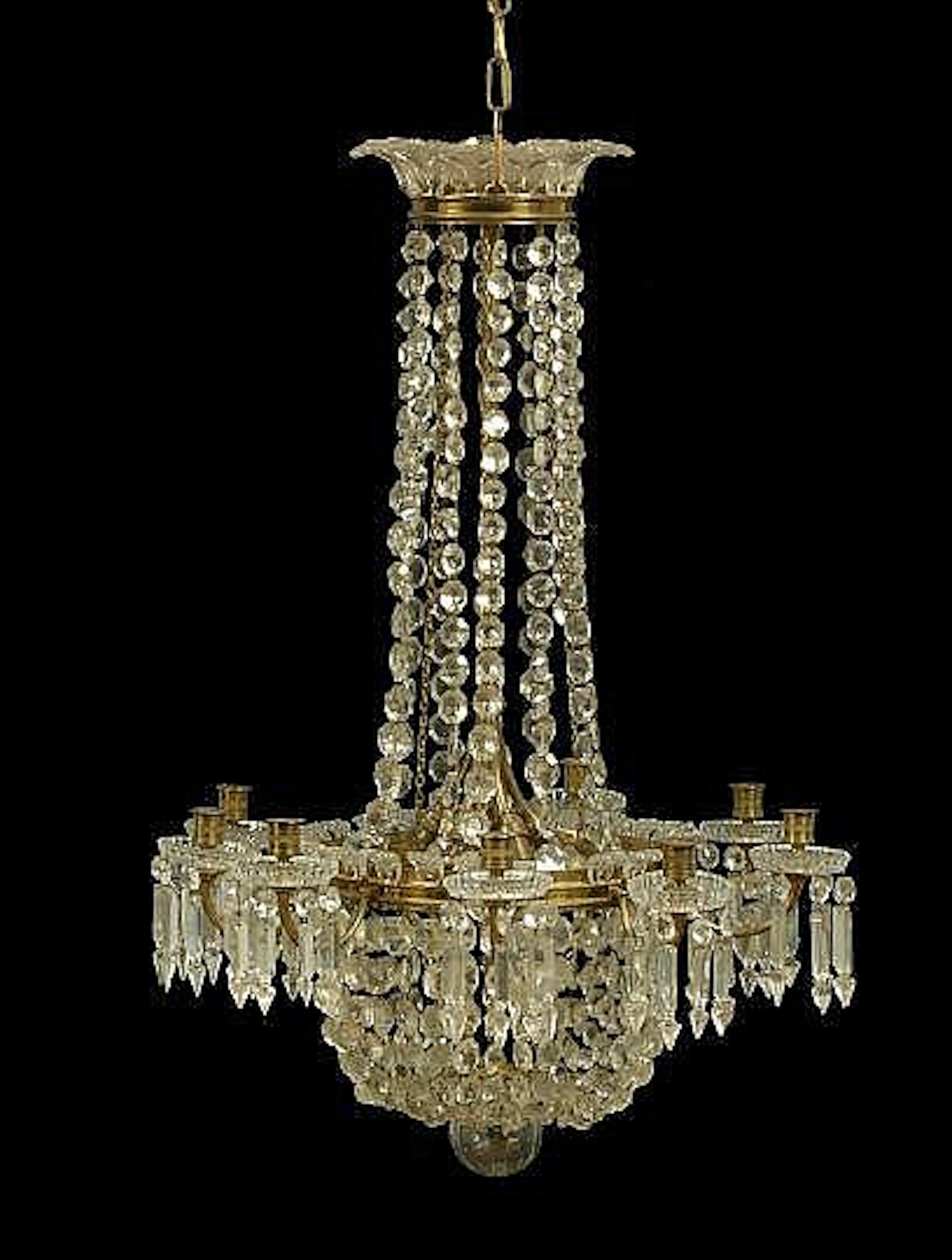 English Brass and Cut Glass Nine-Light Chandelier,