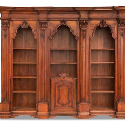 French Provincial-Style Walnut Triple-Section Bibliotheque