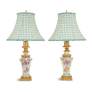 Pair of Franco-Chinese Porcelain and Bronze Moderator Lamps