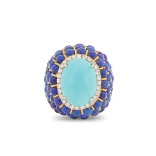 Large Turquoise, Diamond and Lapis Lazuli Ring