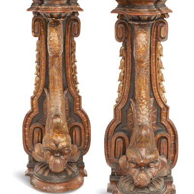 Pair of Large Venetian Ebonized and Parcel-Gilt Pedestals