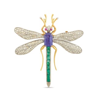 Sapphire, Emerald and Diamond "Dragonfly" Pendant/Brooch