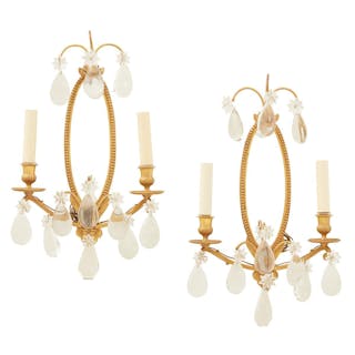 Pair of French Bronze and Crystal Sconces