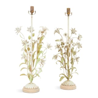 Pair of Enameled Metal Floral Lamps