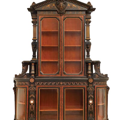 Monumental American Aesthetic Movement Ebonized and Incise-Gilt Cabinet