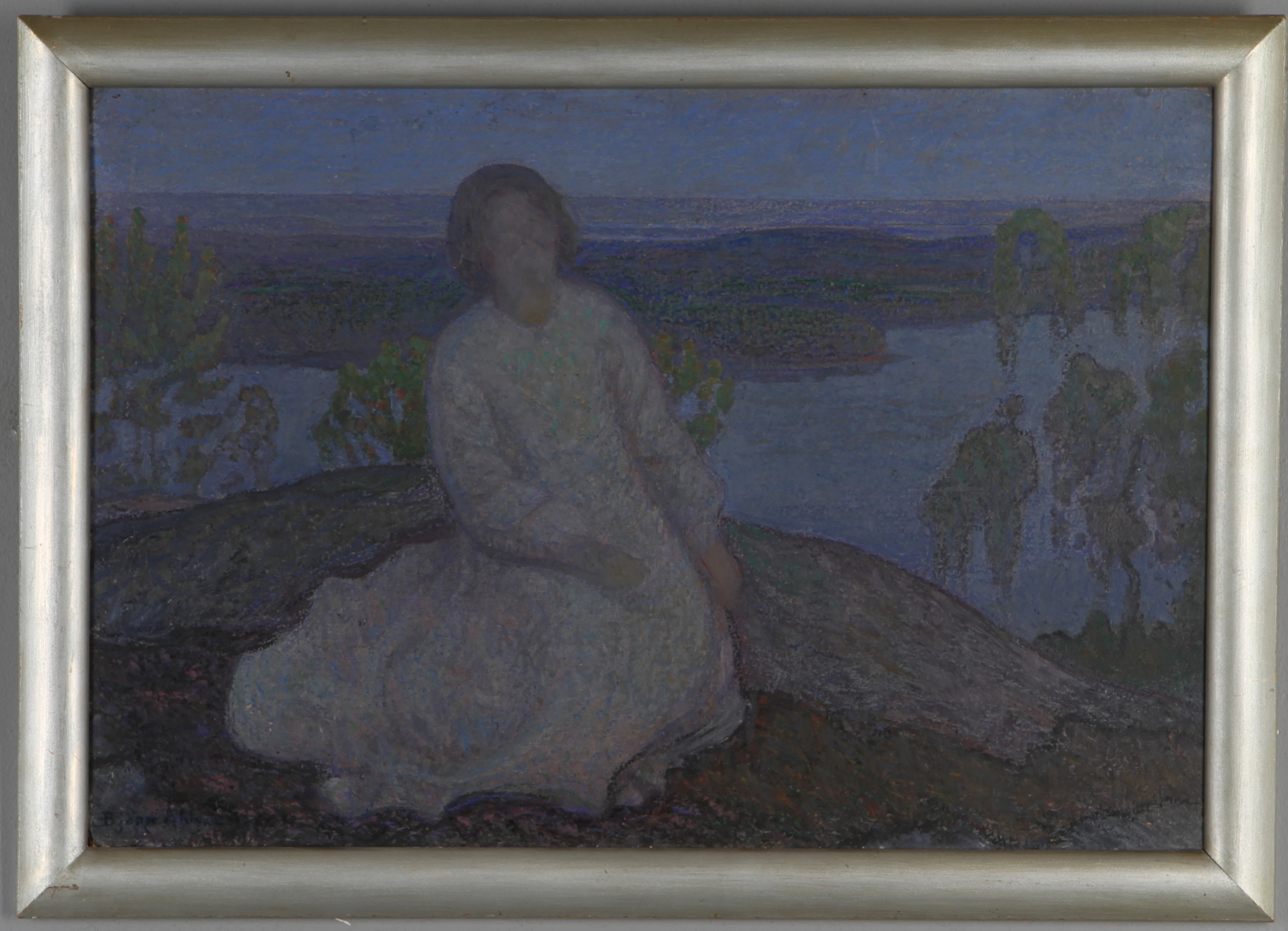 BJÖRN AHLGRENSSON. Kvinna på bergshäll, olja på pannå, signerad.