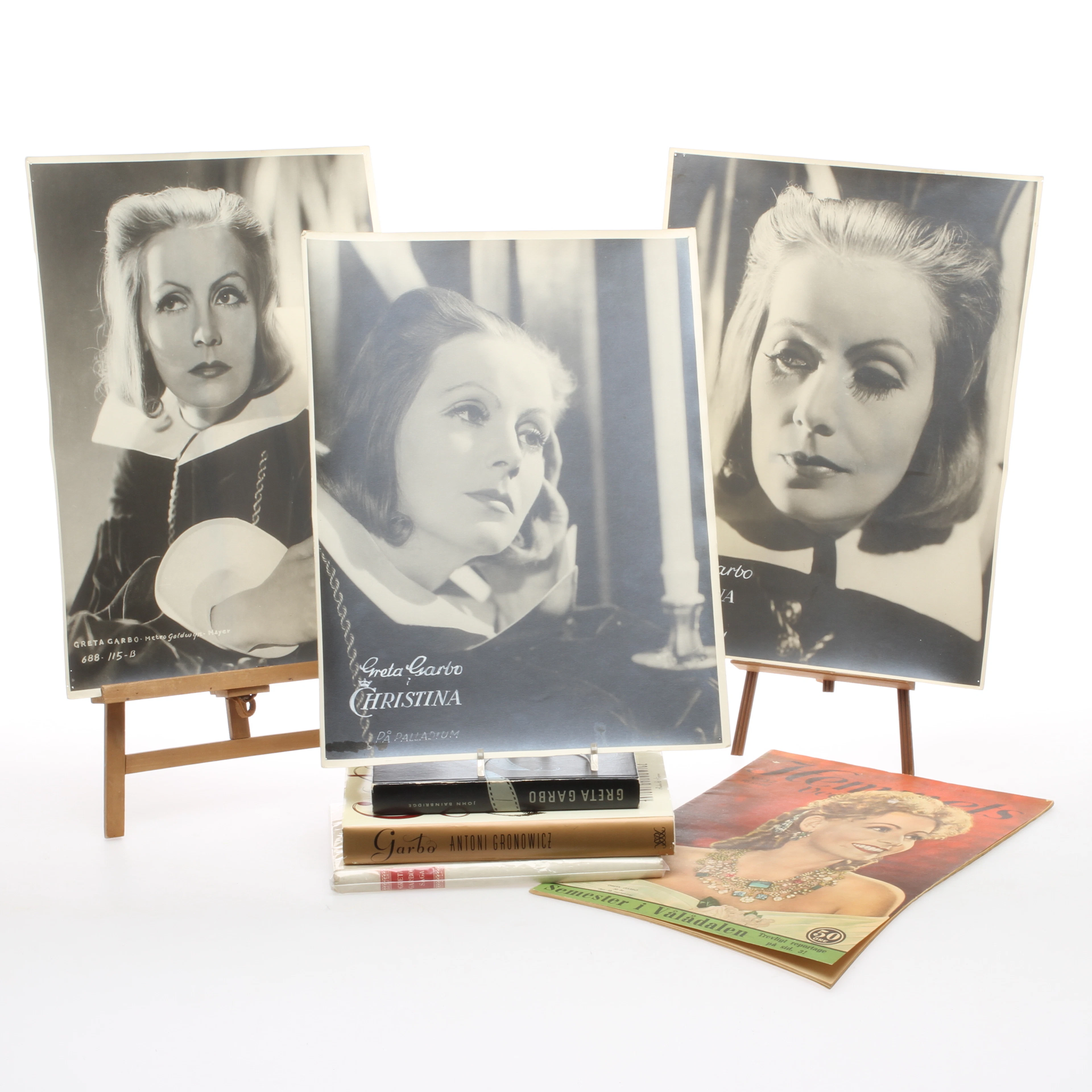 TEMA GRETA GARBO, 7 delar, bland annat 3 st så kallade lobbykort från Palladium, "Drottning Christina".