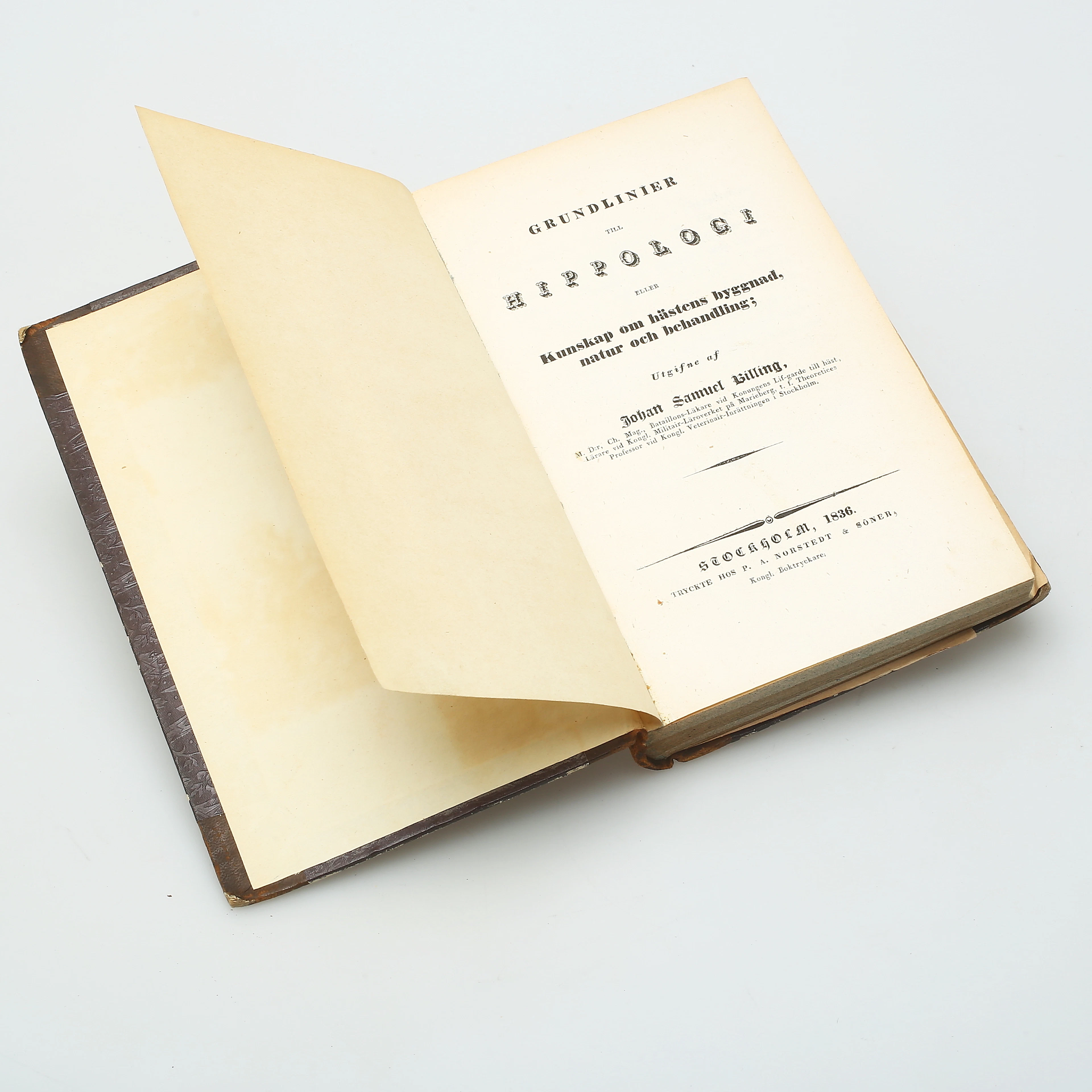 BOK, "Grundlinier till Hippologi eller Kunskap om hästens byggnad, natur och behandling", Johan Samuel Billing, Norstedt & Söner, Stockholm 1836.