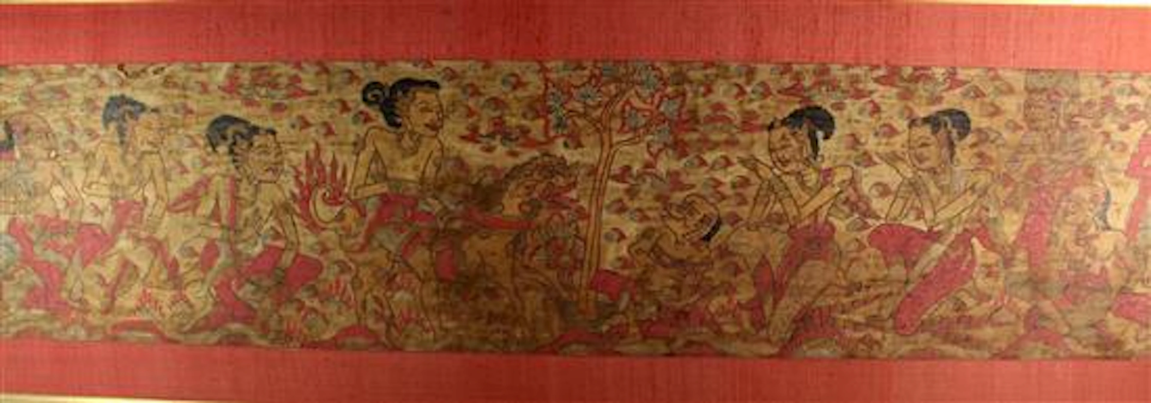 A Thai painted Wall Panel on cloth, a 'Scene from the Ramakien',