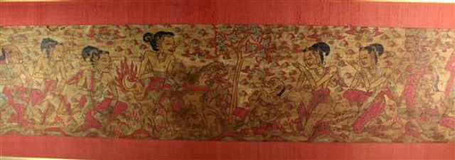 A Thai painted Wall Panel on cloth, a 'Scene from the Ramakien',