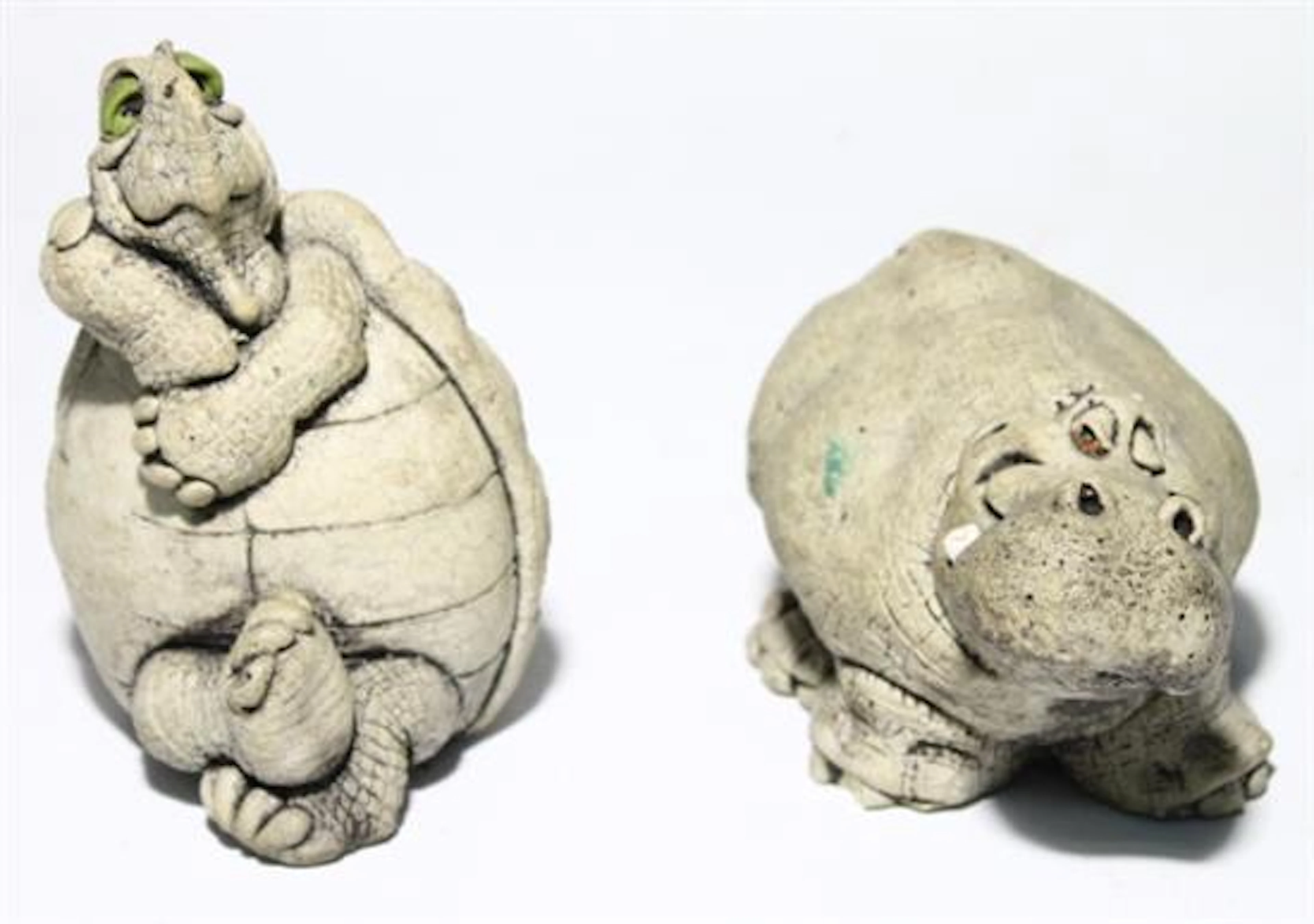 Two Hand-built Clay Figures, a Hippo & Pensive Turtle,