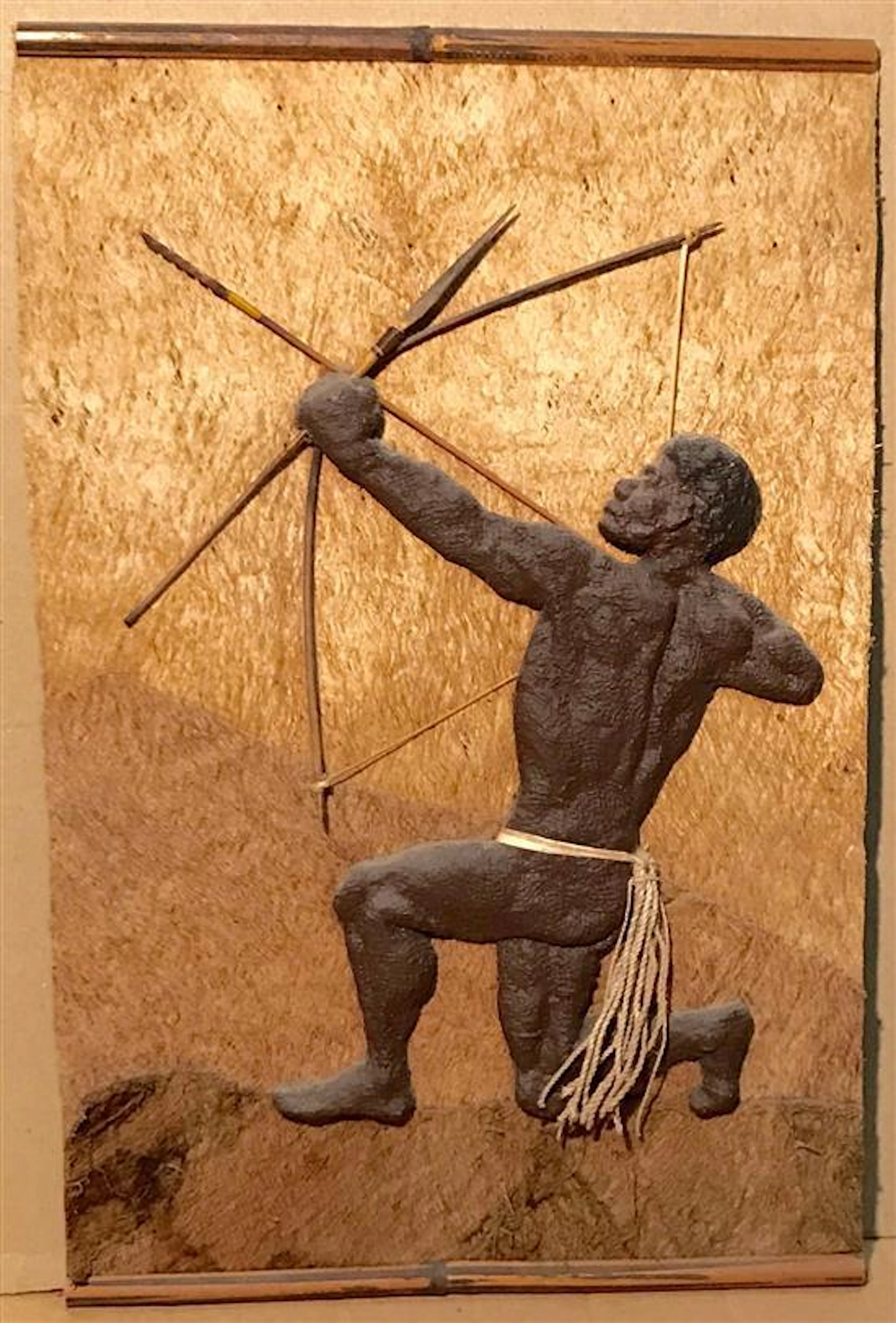 Tapa Cloth Plaque With Moulded Clay Male Figure,