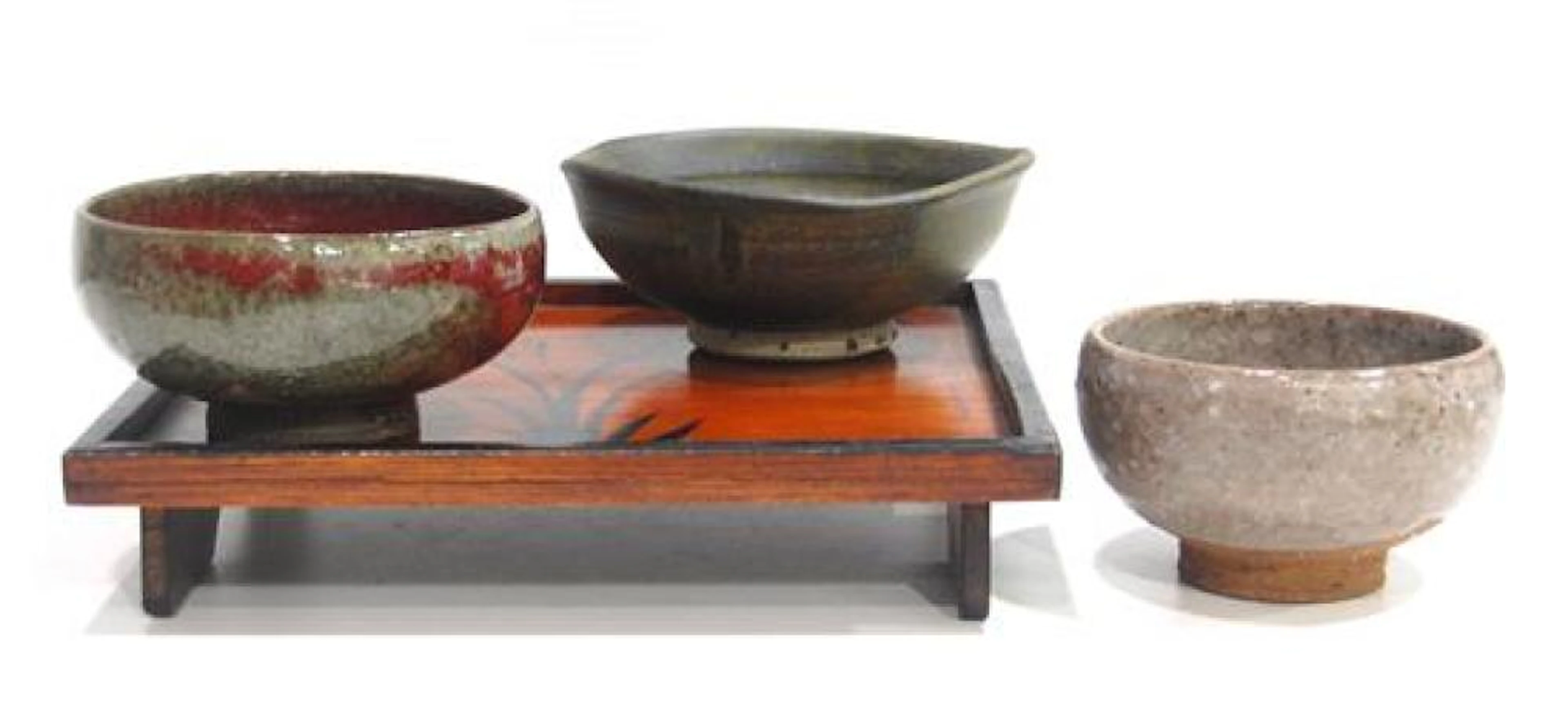 Three Japanese Wabi-Sabi Tea Bowls & a Wooden Tray Painted with Orchid