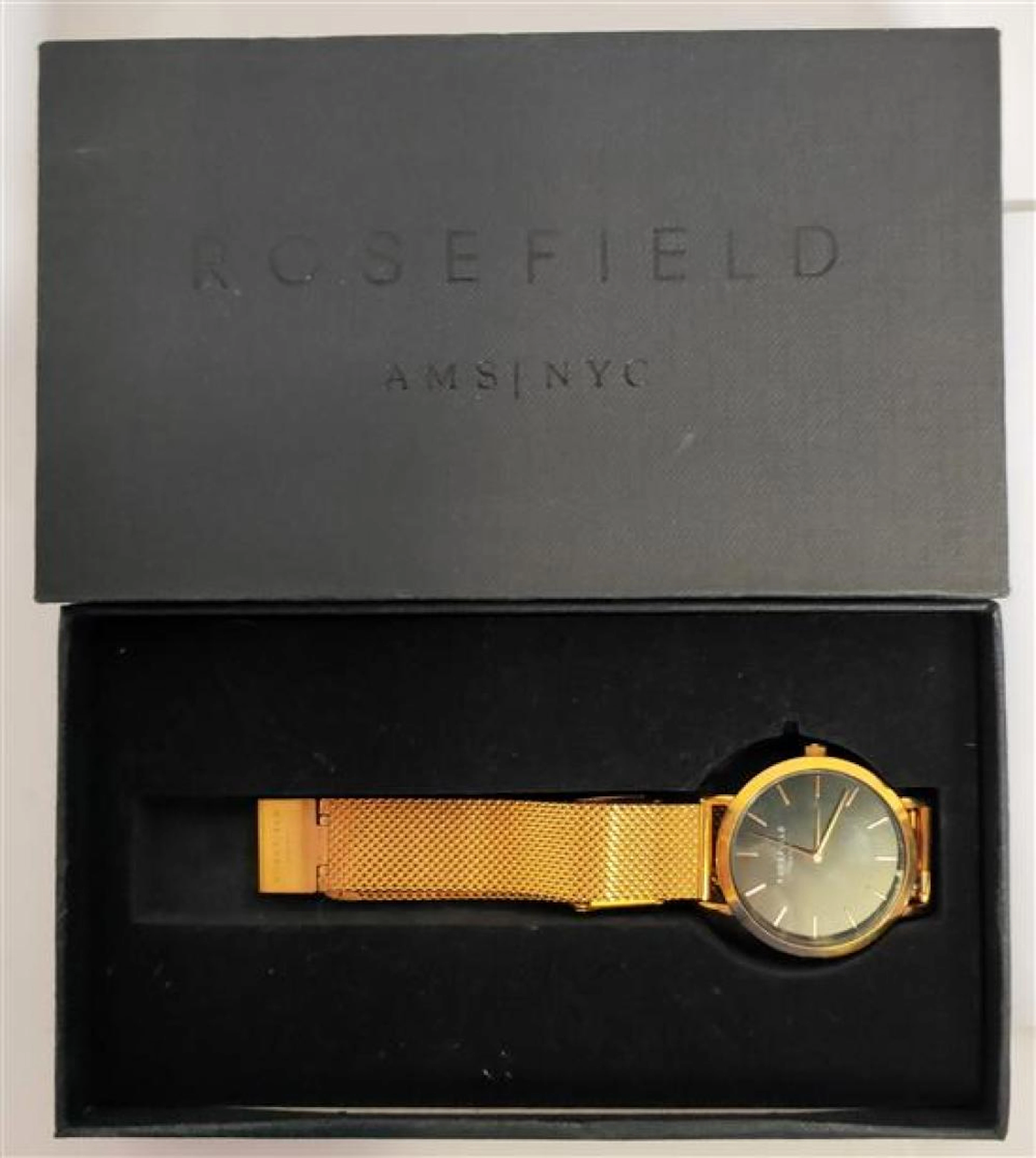 A Black Rose Gold Plated Watch Marked Rosefield AMS|NYC in Original Box
