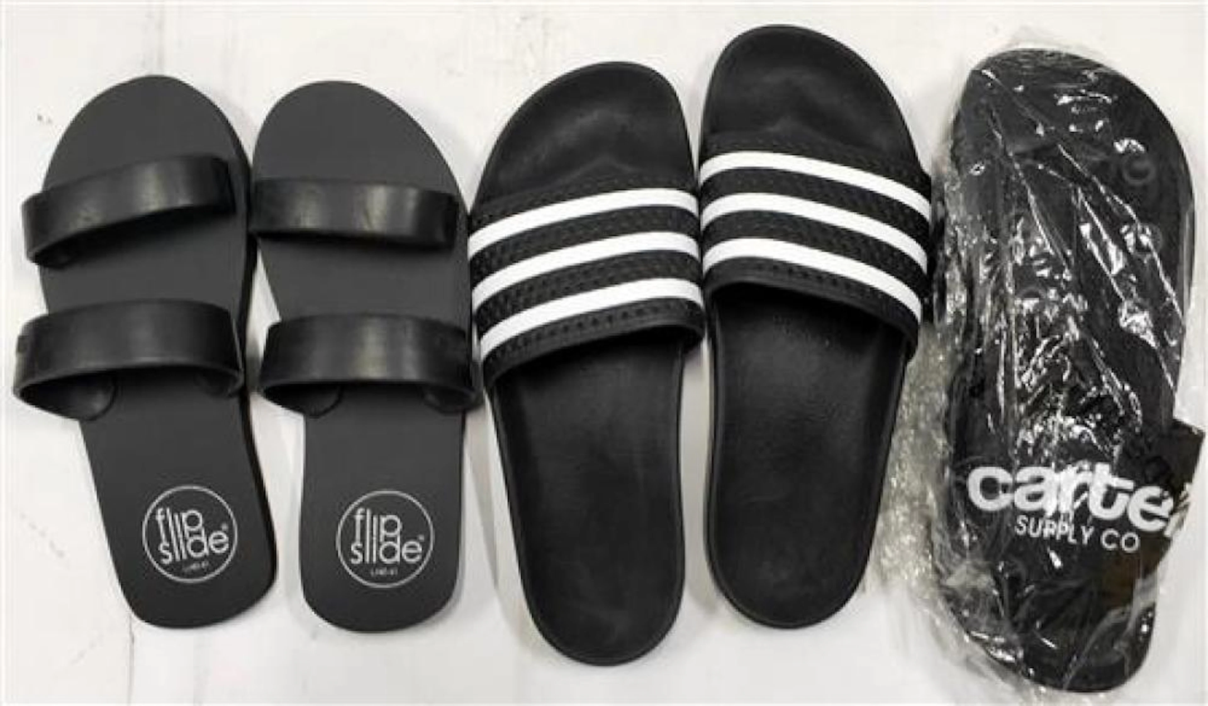 Three assorted pairs of slides marked Kartel, Adidas etc. sizes 8, 11 & 40