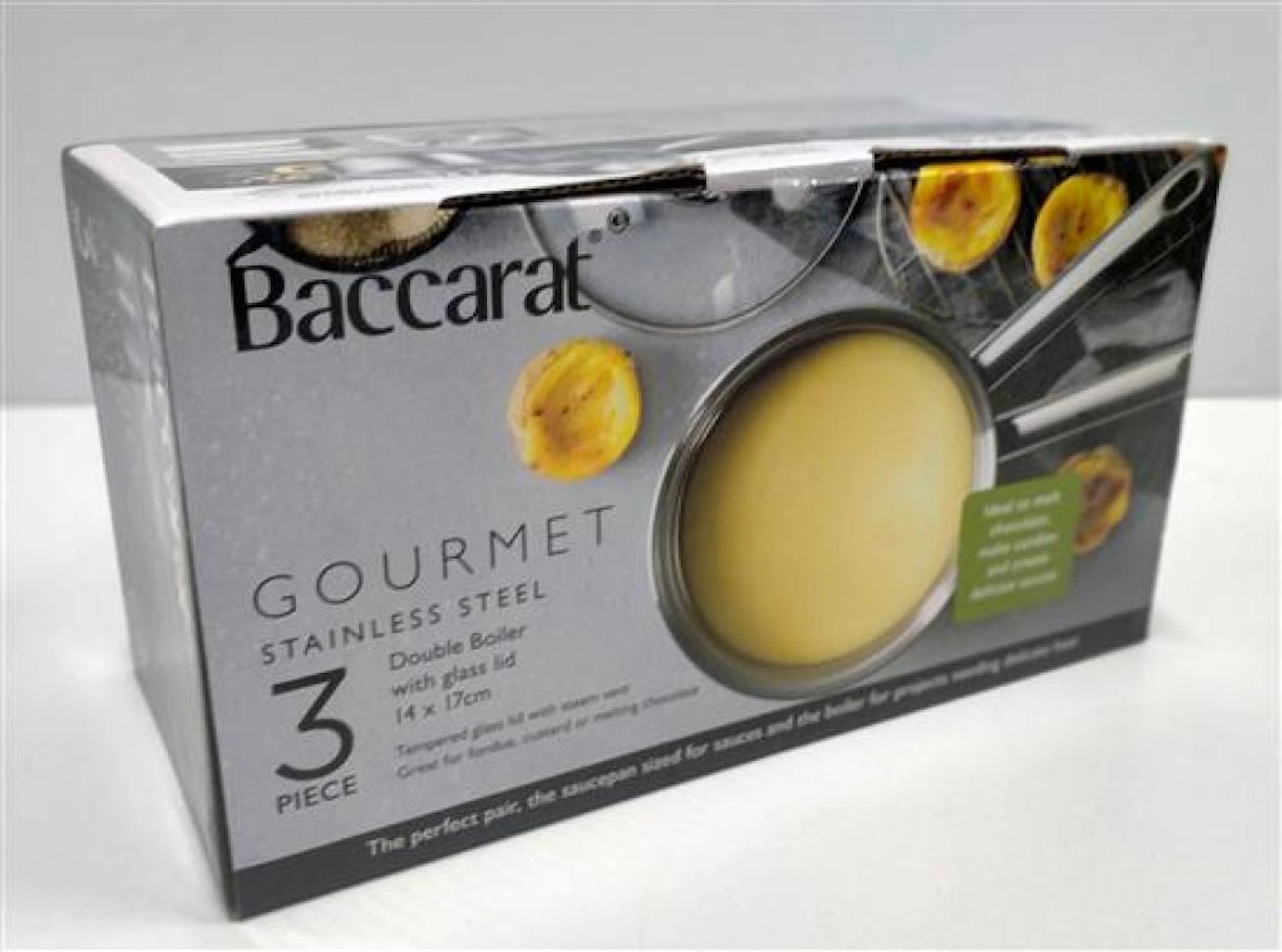 A gourmet stainless steel three piece double boiler with...