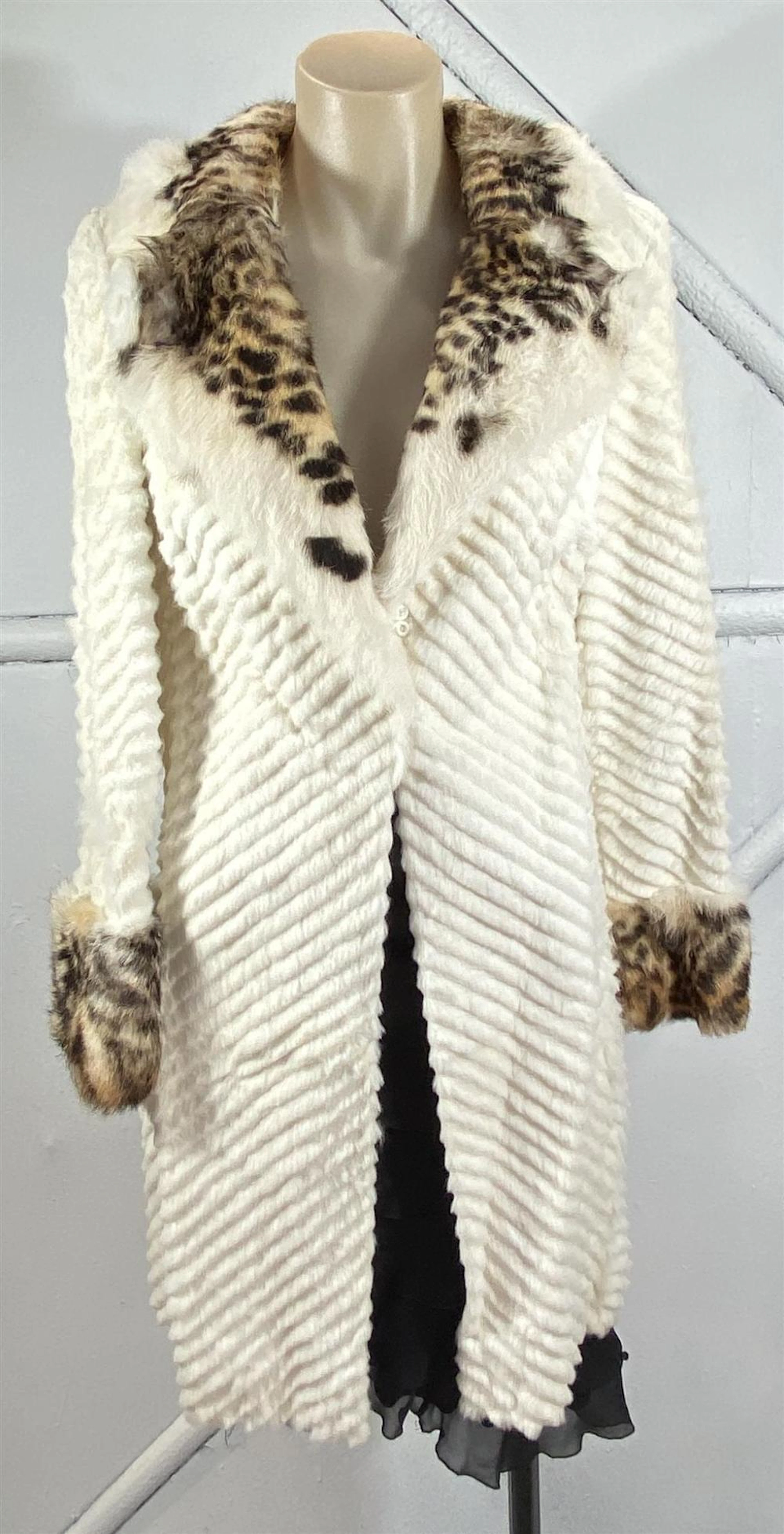Versace Jeans Couture: White Clipped Herringbone Pattern Rabbit Fur Overcoat