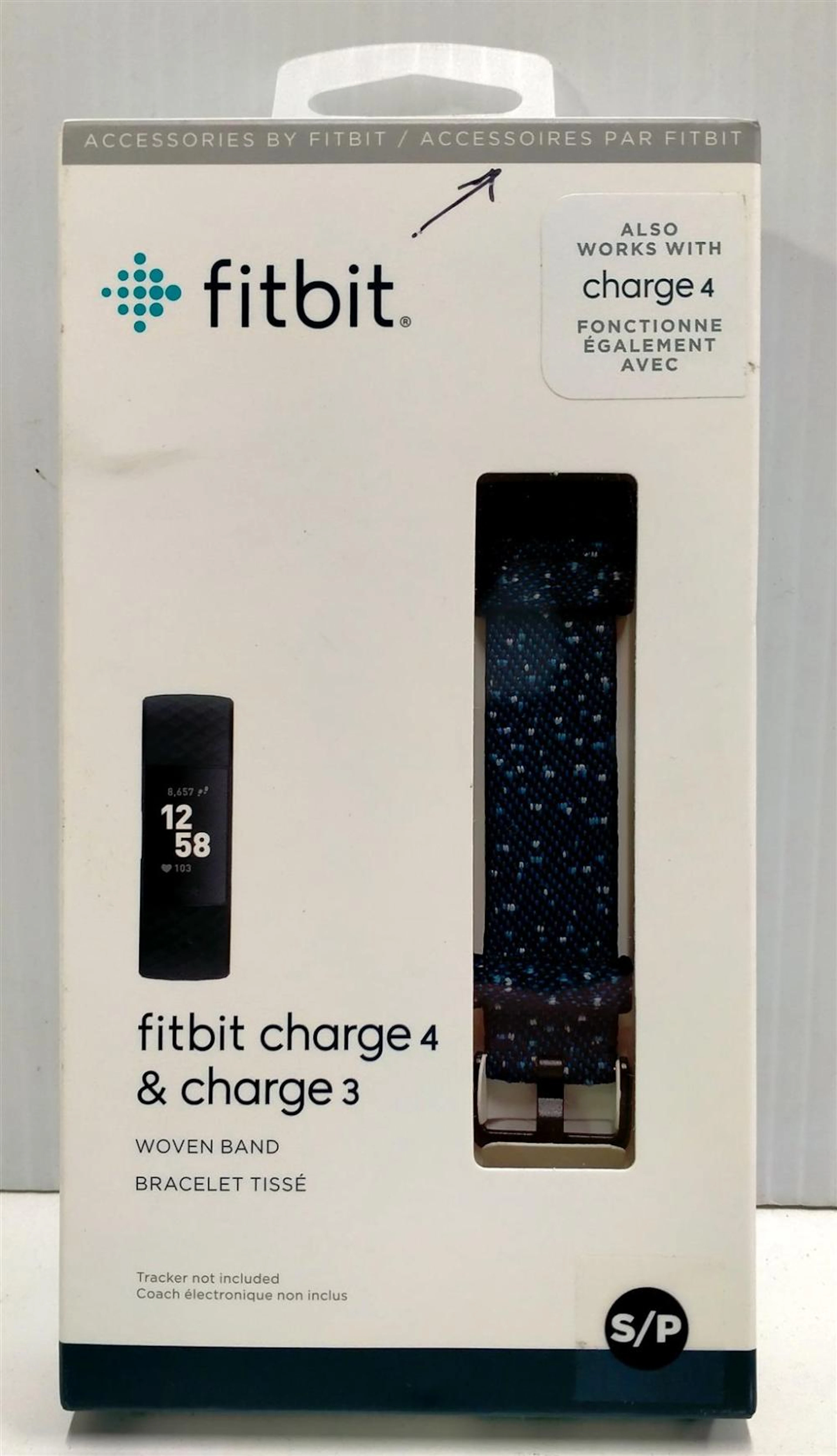 A watch band marked Fitbit Charge 4 & Charge 3