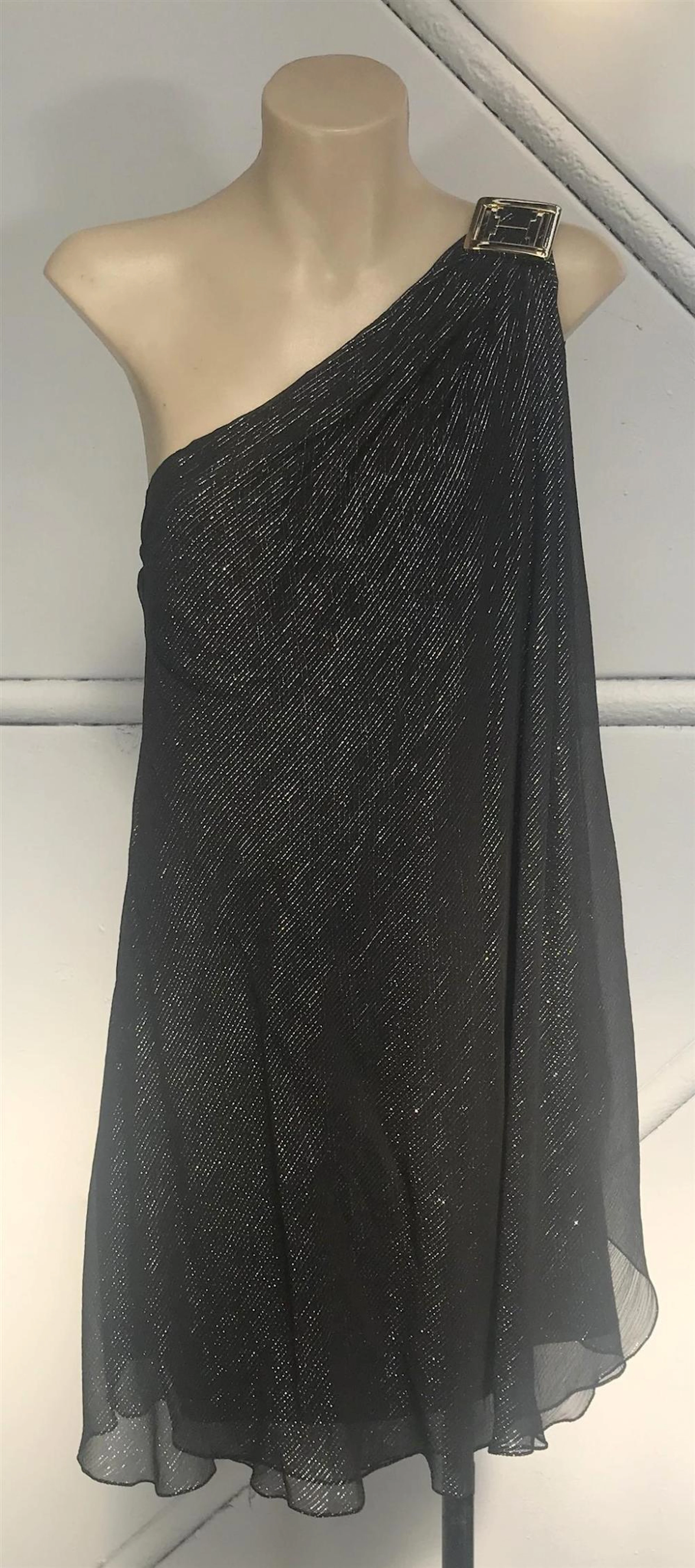 Halston, Heritage: Black Silk & Metallic Pinstripe One...