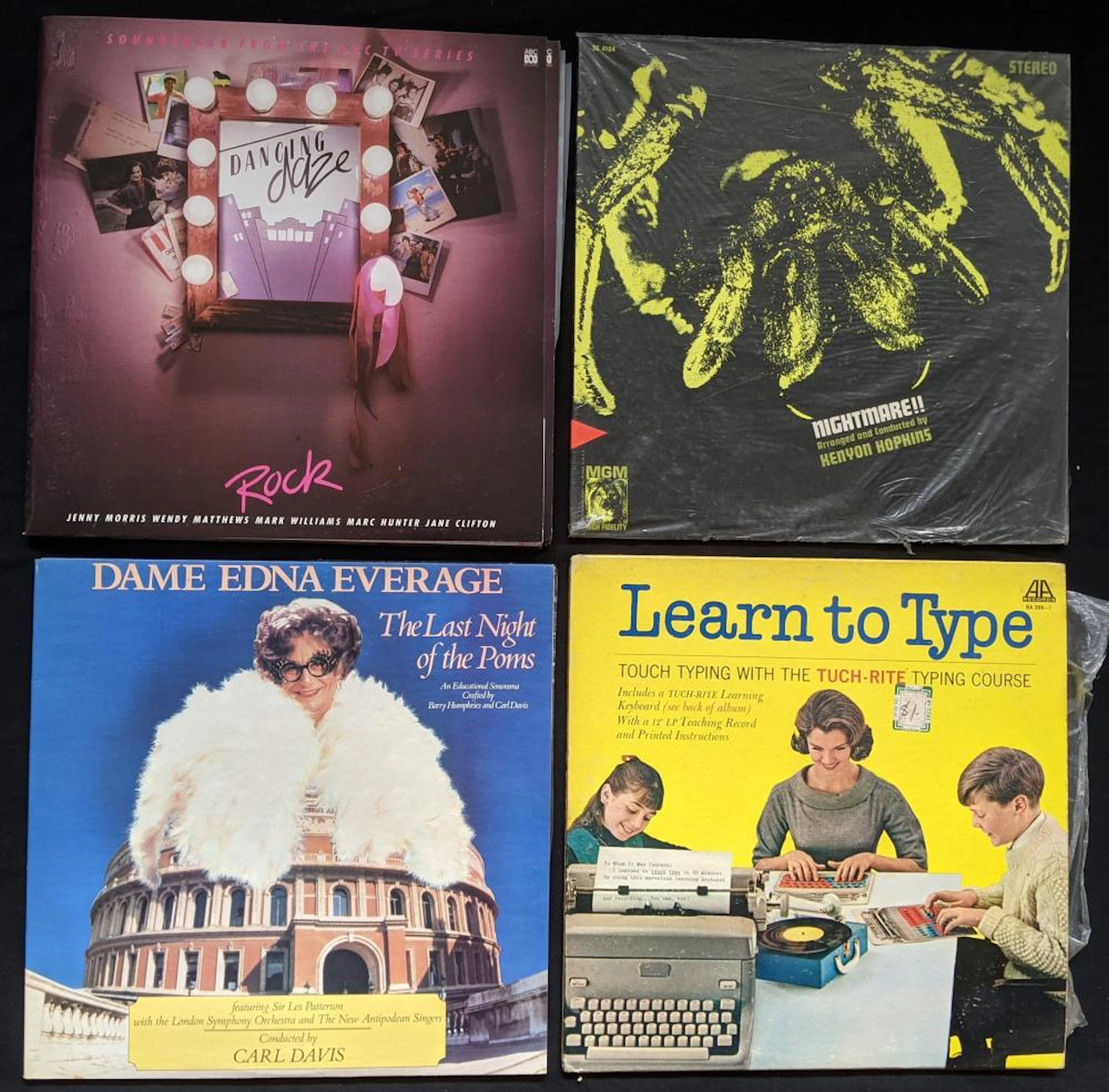 Dancing Daze, Nightmare, Dame Edna Everage & Learn To Type. Four Vinyl Records.