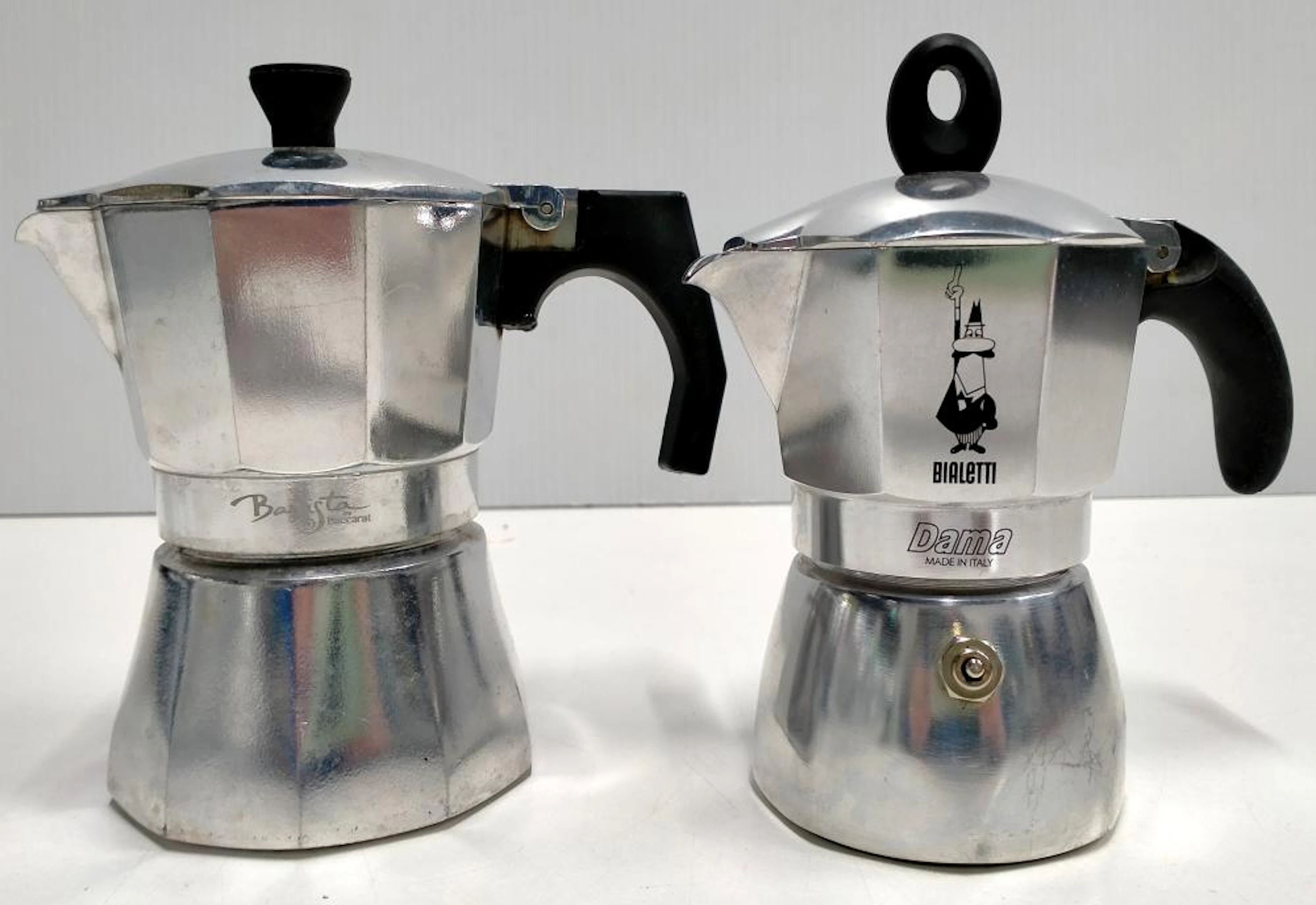 Two single cup coffee pots marked Baccarat & Bialetti, tallest 17cm
