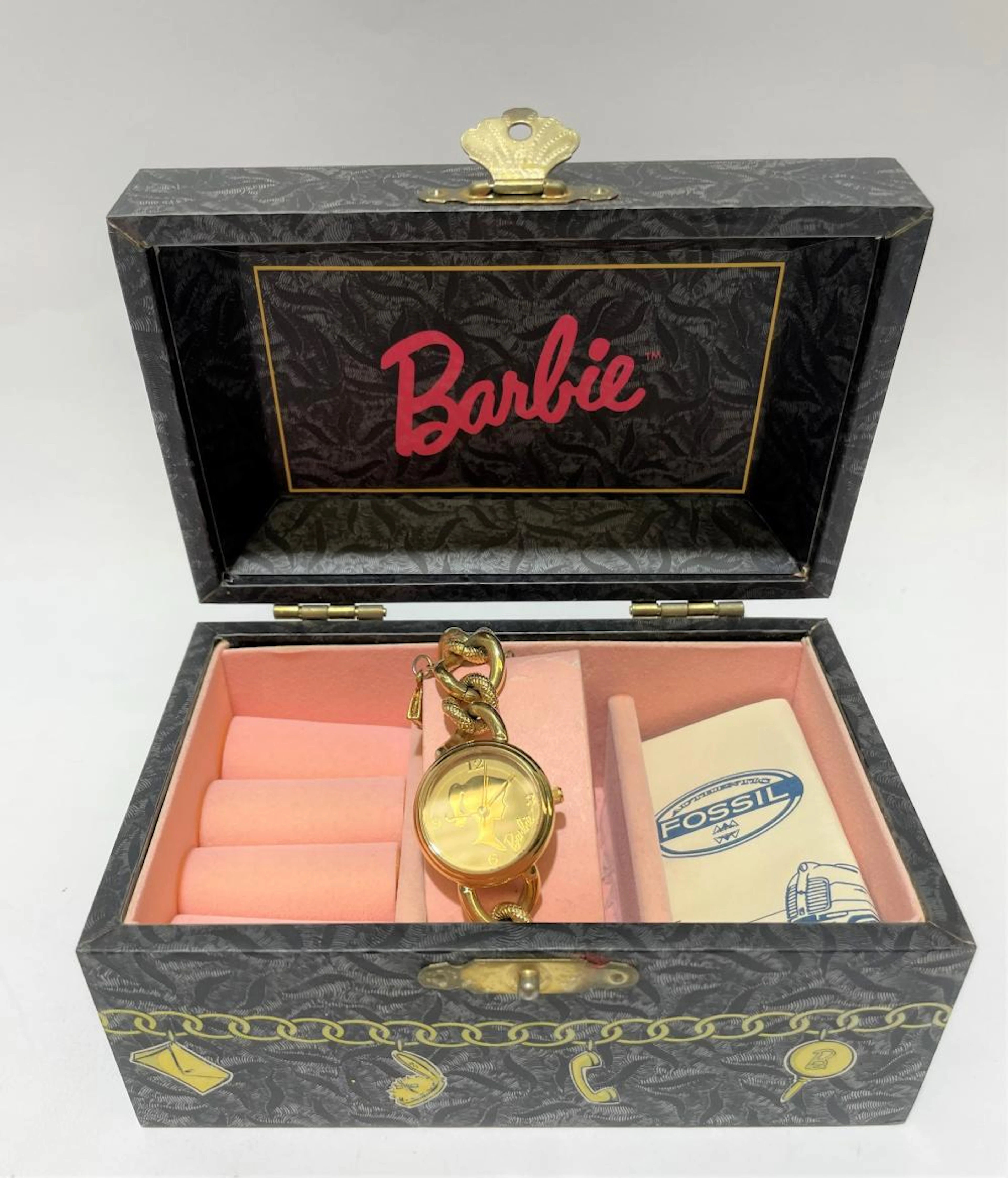 A Girls Gold Metal Barbie for Fossil Limited Edition Charm & Chain-link Watch