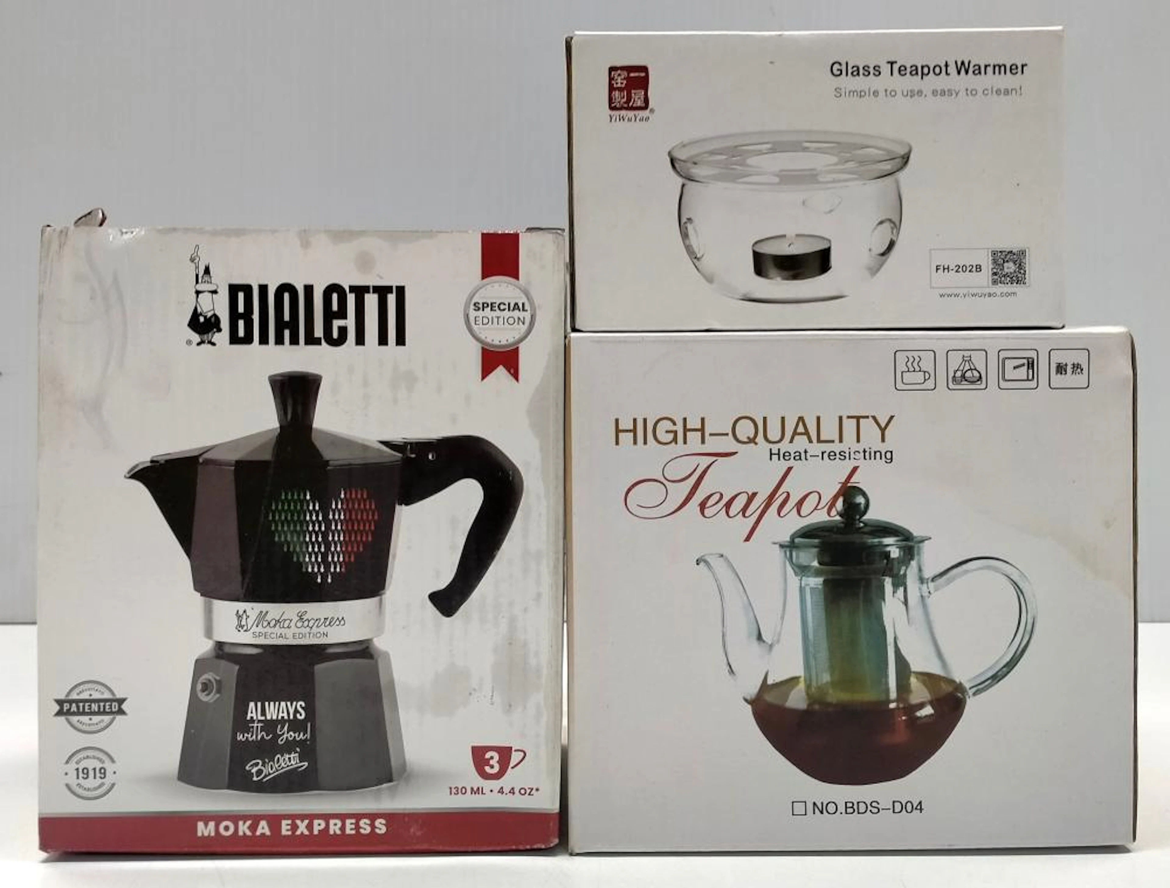 A coffee pot marked Bialetti plus glass teapot & warmer