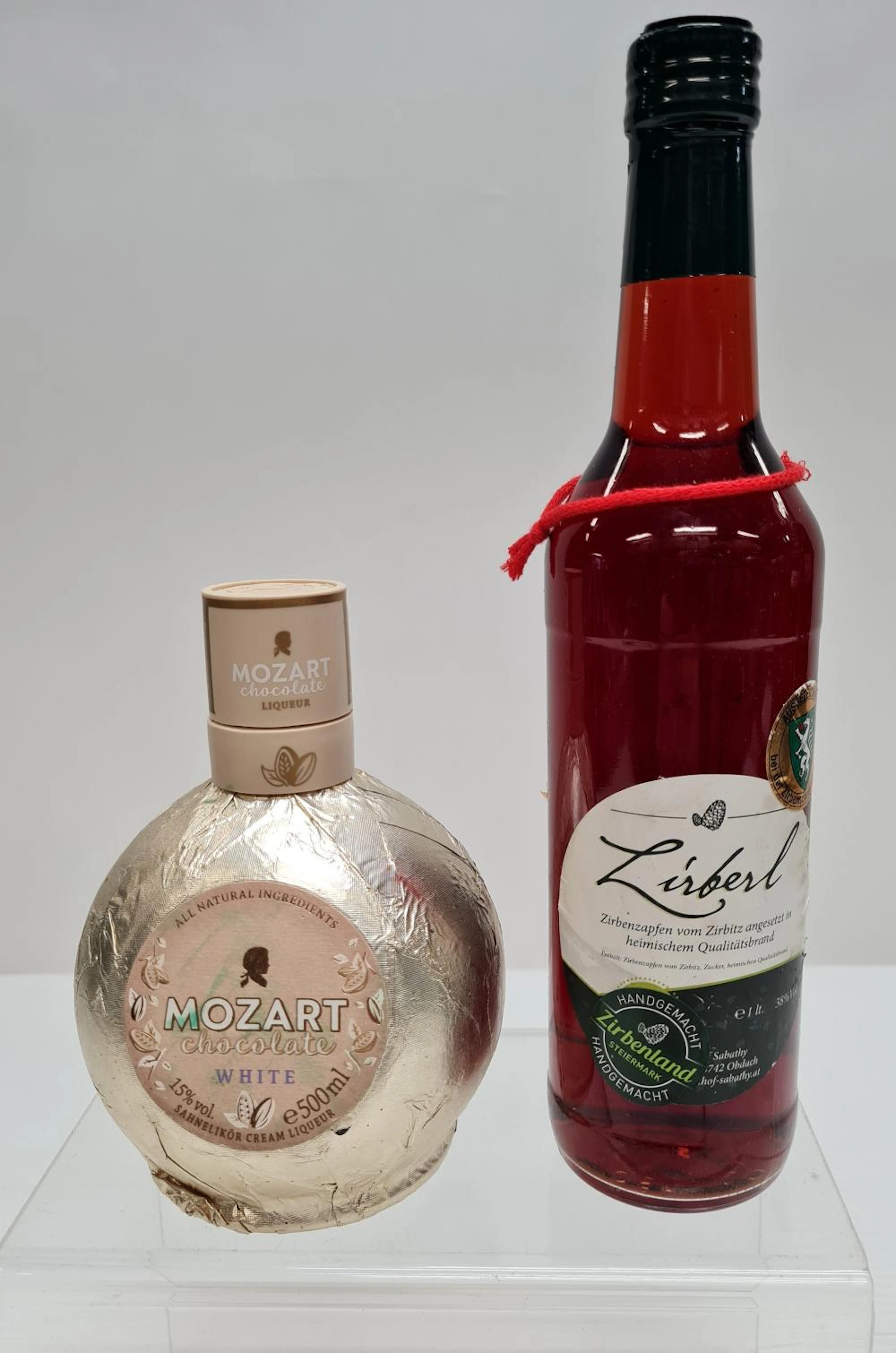 A bottle marked Mozart White Chocolate Vanilla Cream...
