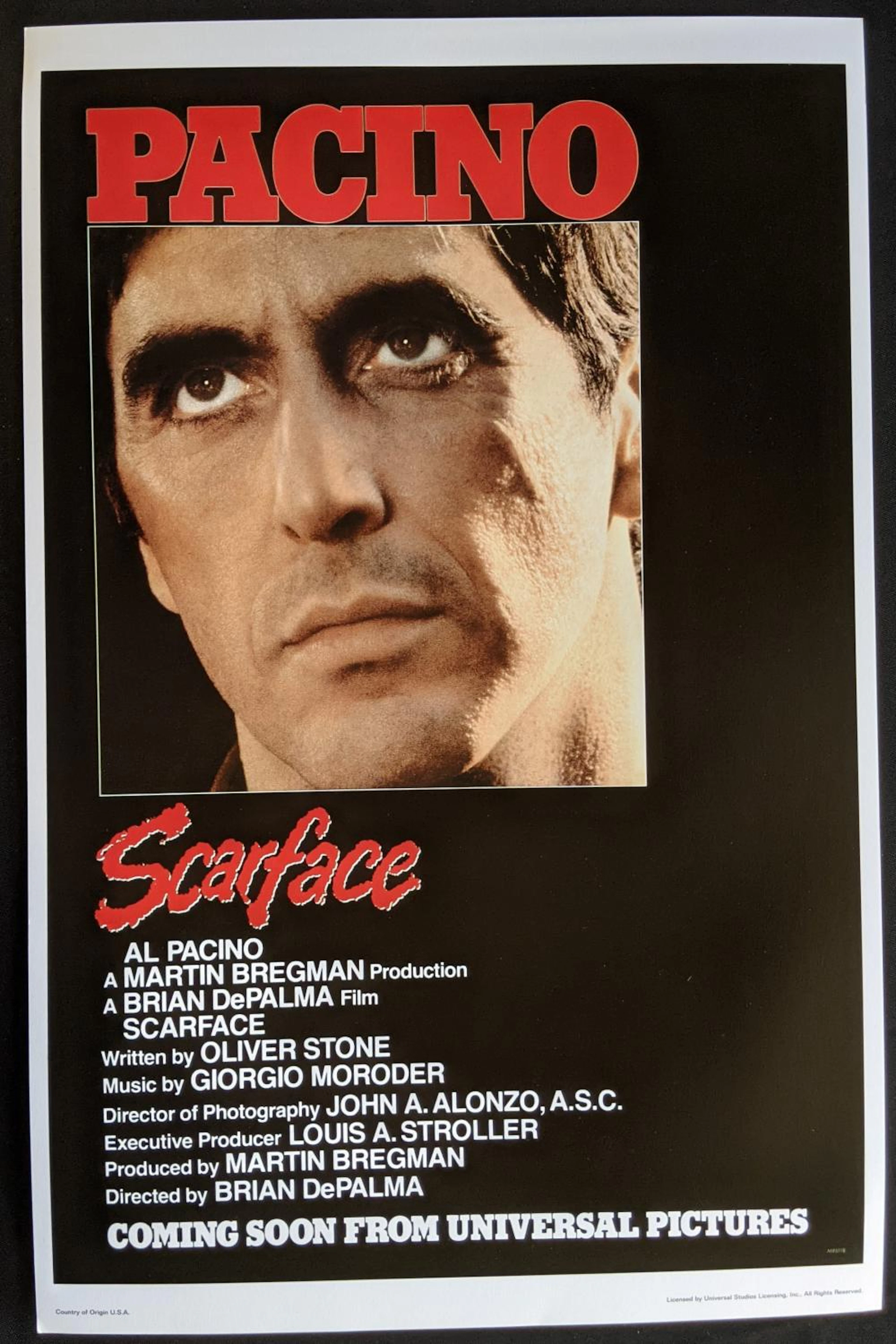 Scarface, Starring Al Pacino. Reproduction Mid 20th Century Movie Poster