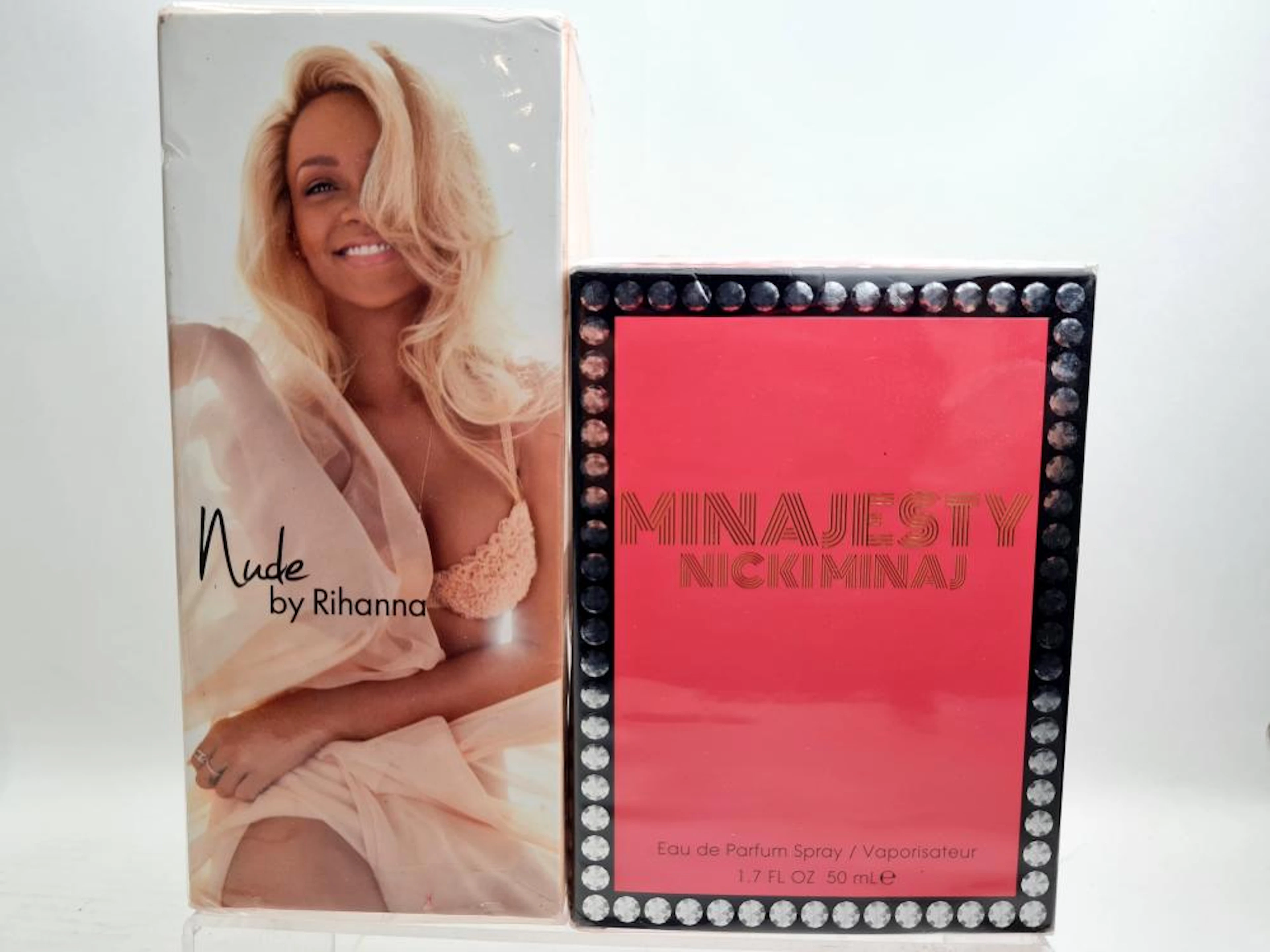 Two Eau de Parfum marked "nude" by Rihanna & "minajesty" by Nickiminaj
