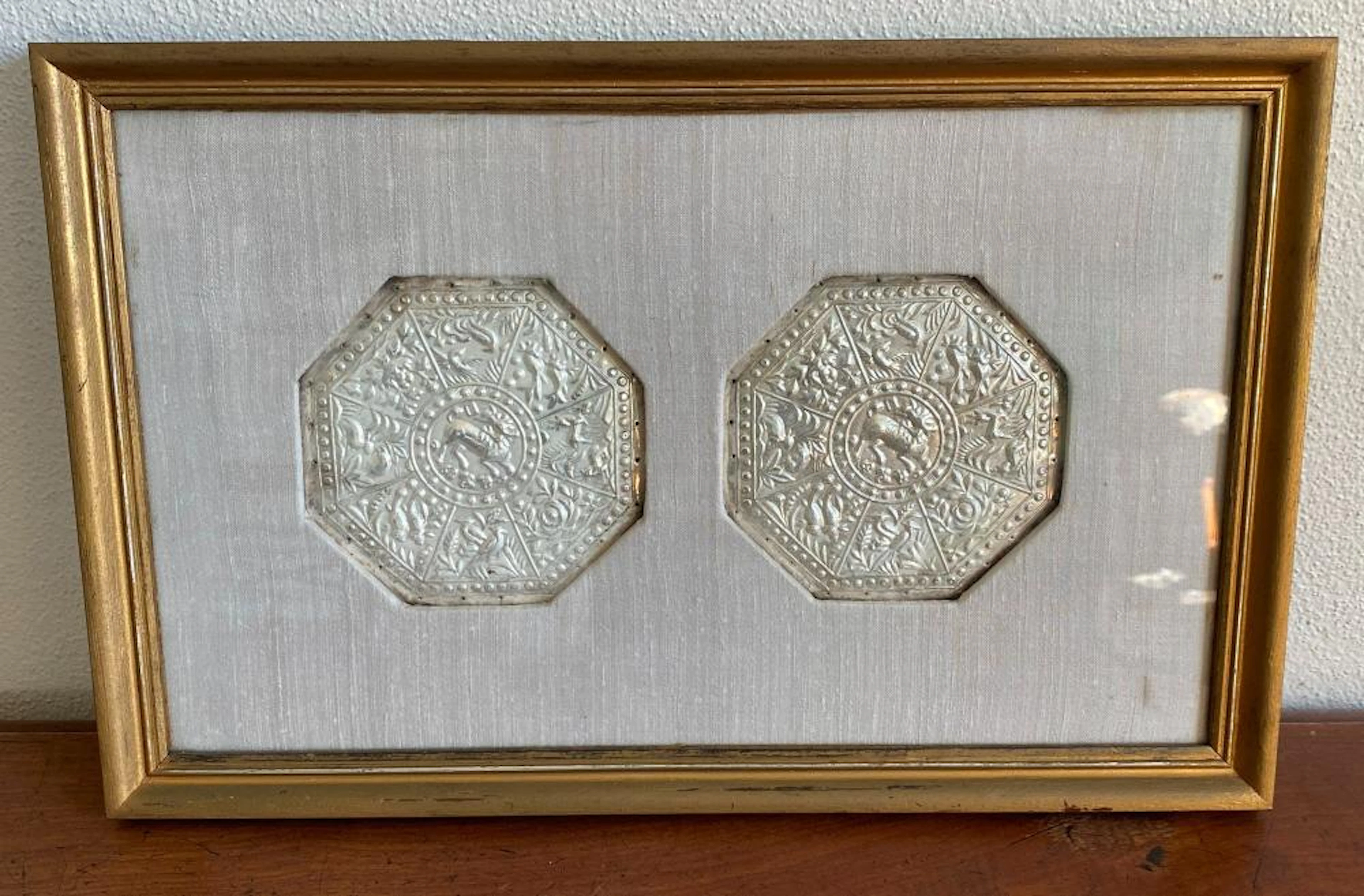 Two Chinese Straits Repousse Silver (800) Kerongsang Plaques in Gilt Frame