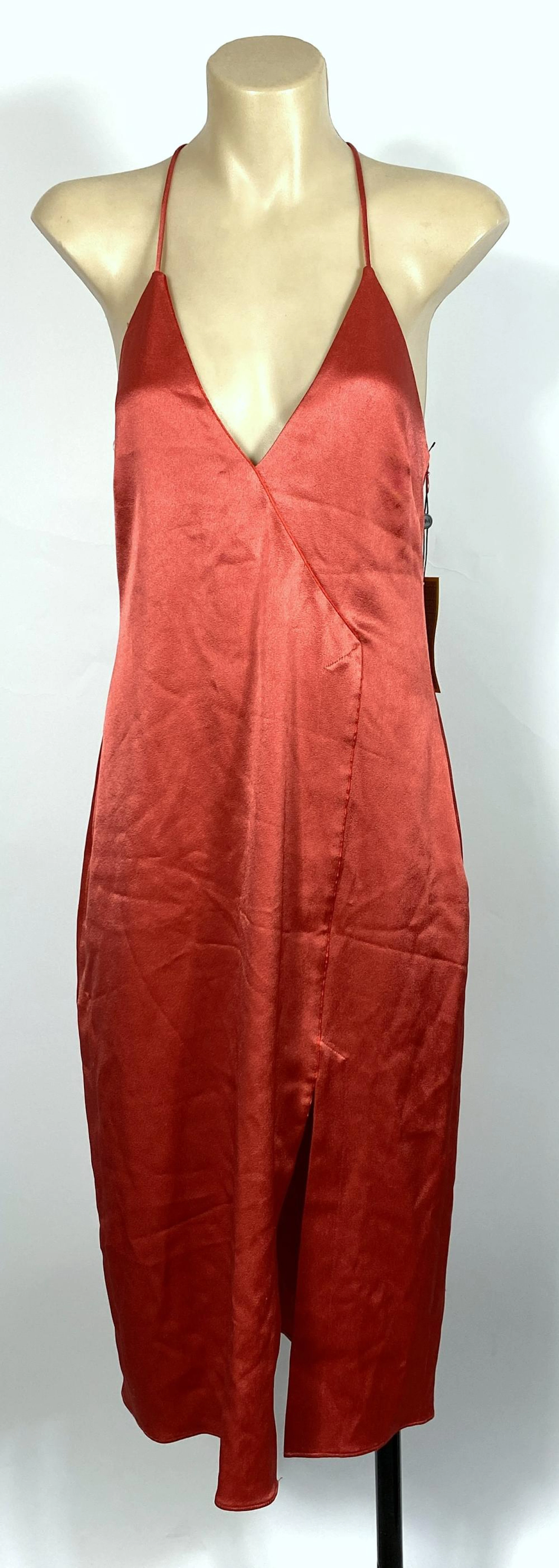 Halston Heritage, USA: Chili Red Shoestring Strap Satin Cocktail Dress