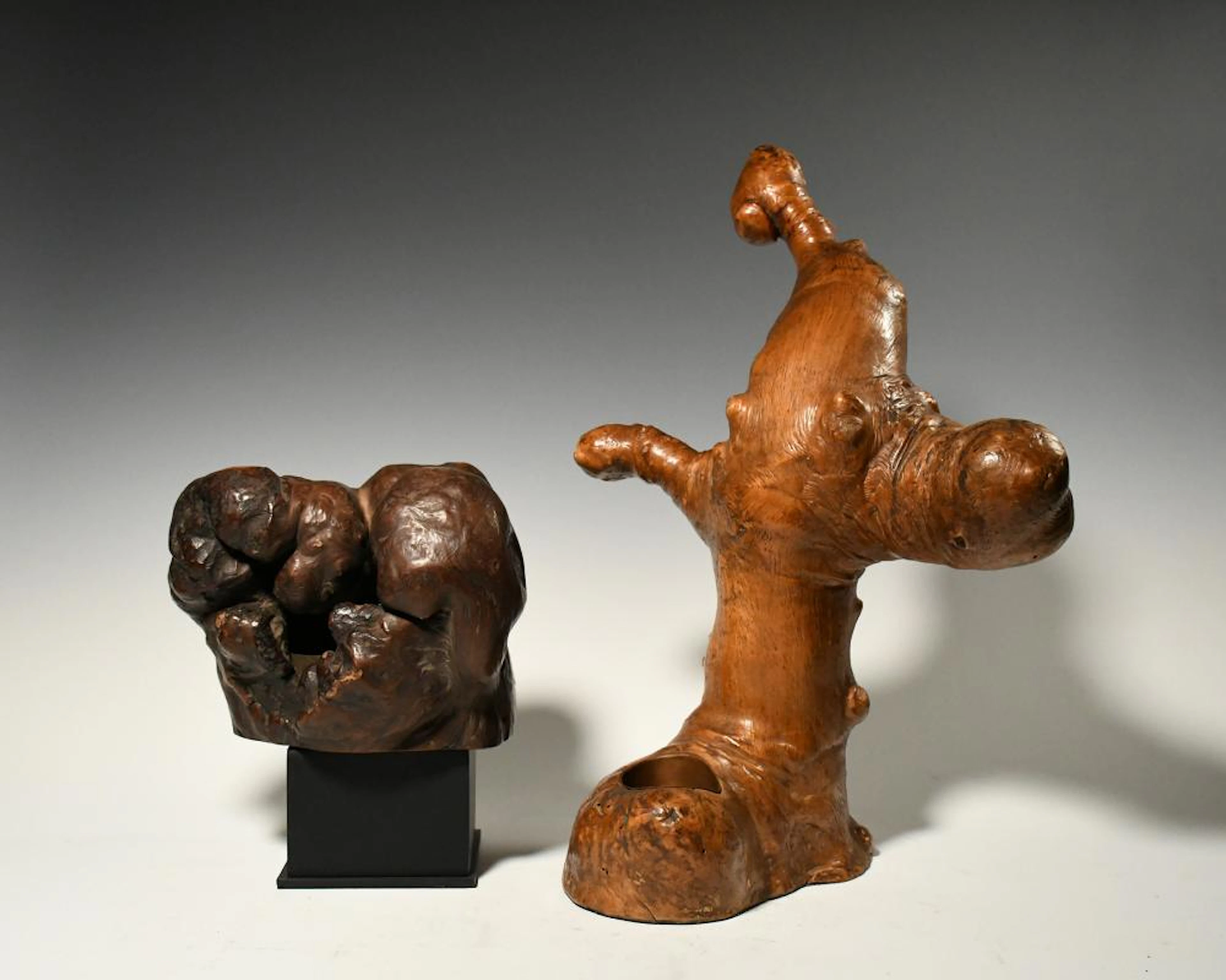 Two Beautiful Japanese Burlwood Okimono Sculptures