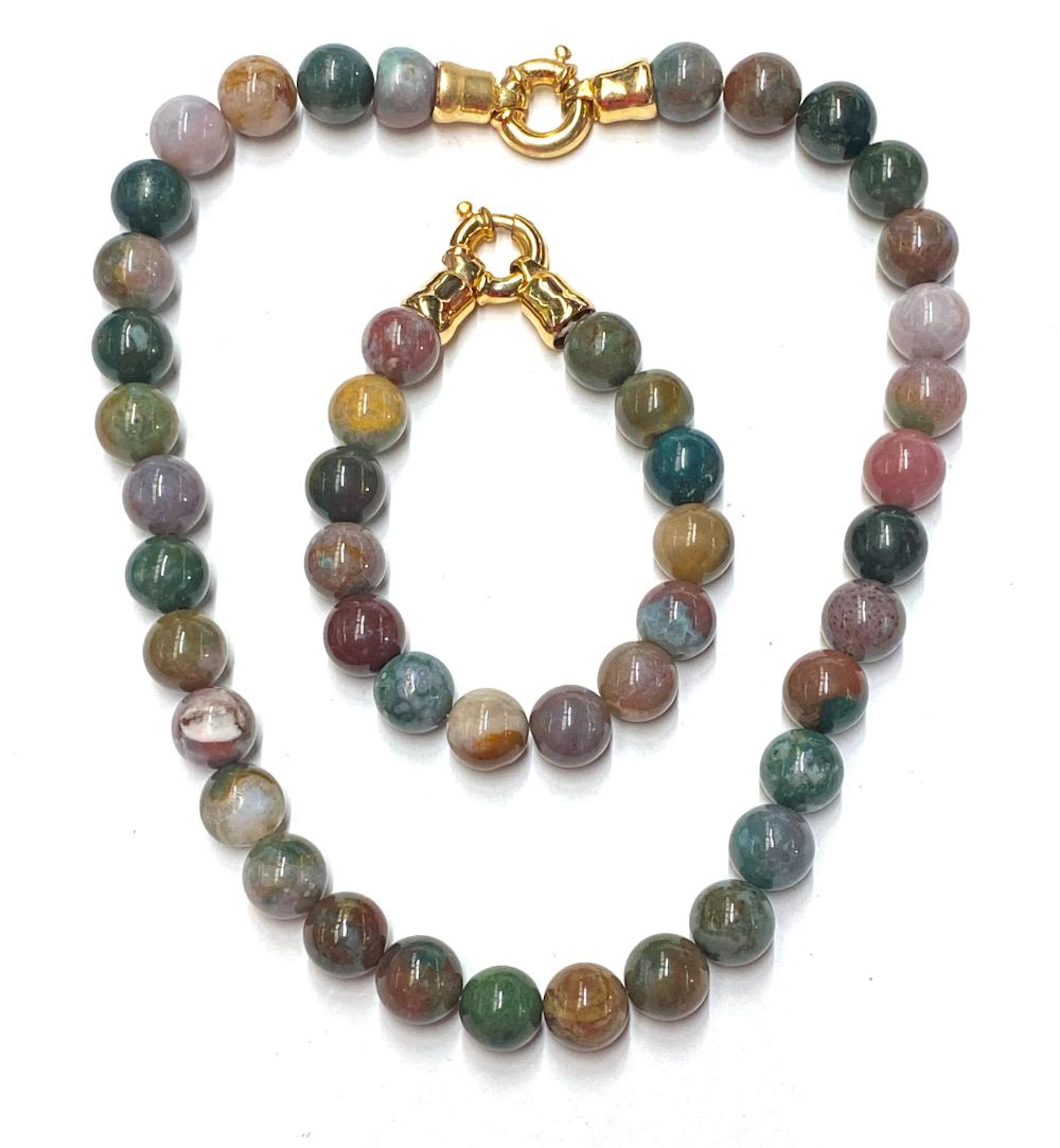 A Multi-Coloured Agate Bead Necklace & Matching Bracelet, Gold Plate Clasp