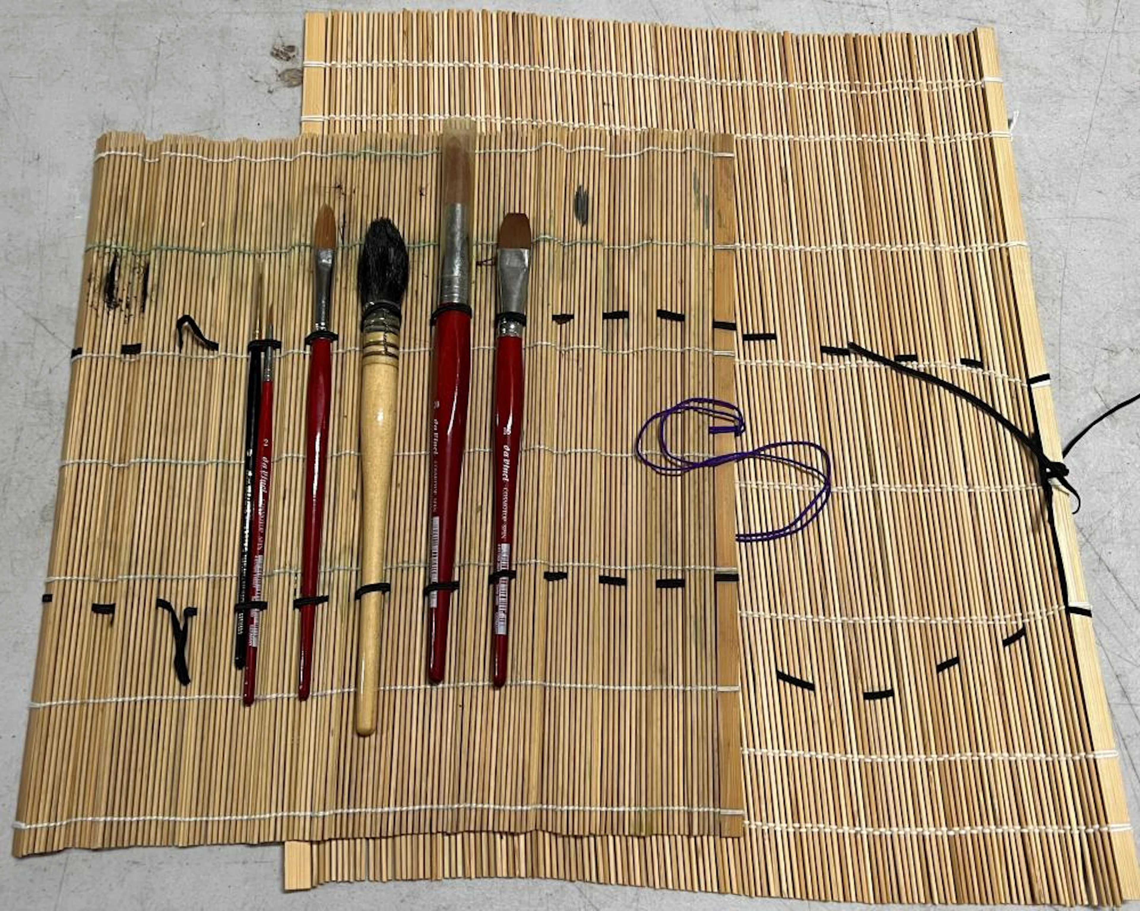 A Collection of Artist Brushes including da Vinci etc, + two bamboo rolls