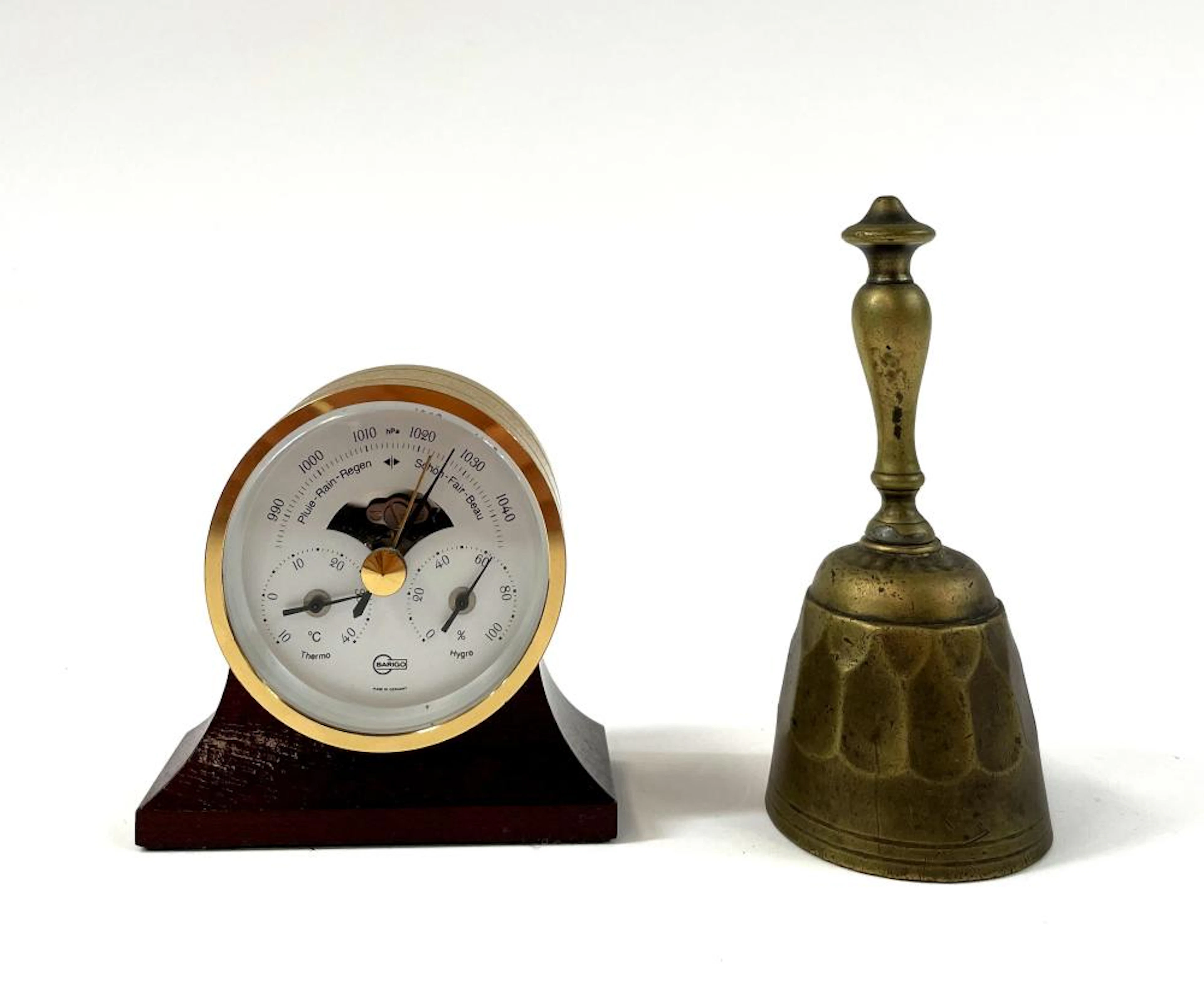 A Barigo, Germany Timber & Brass Desk Barometer & a Brass Dinner Bell