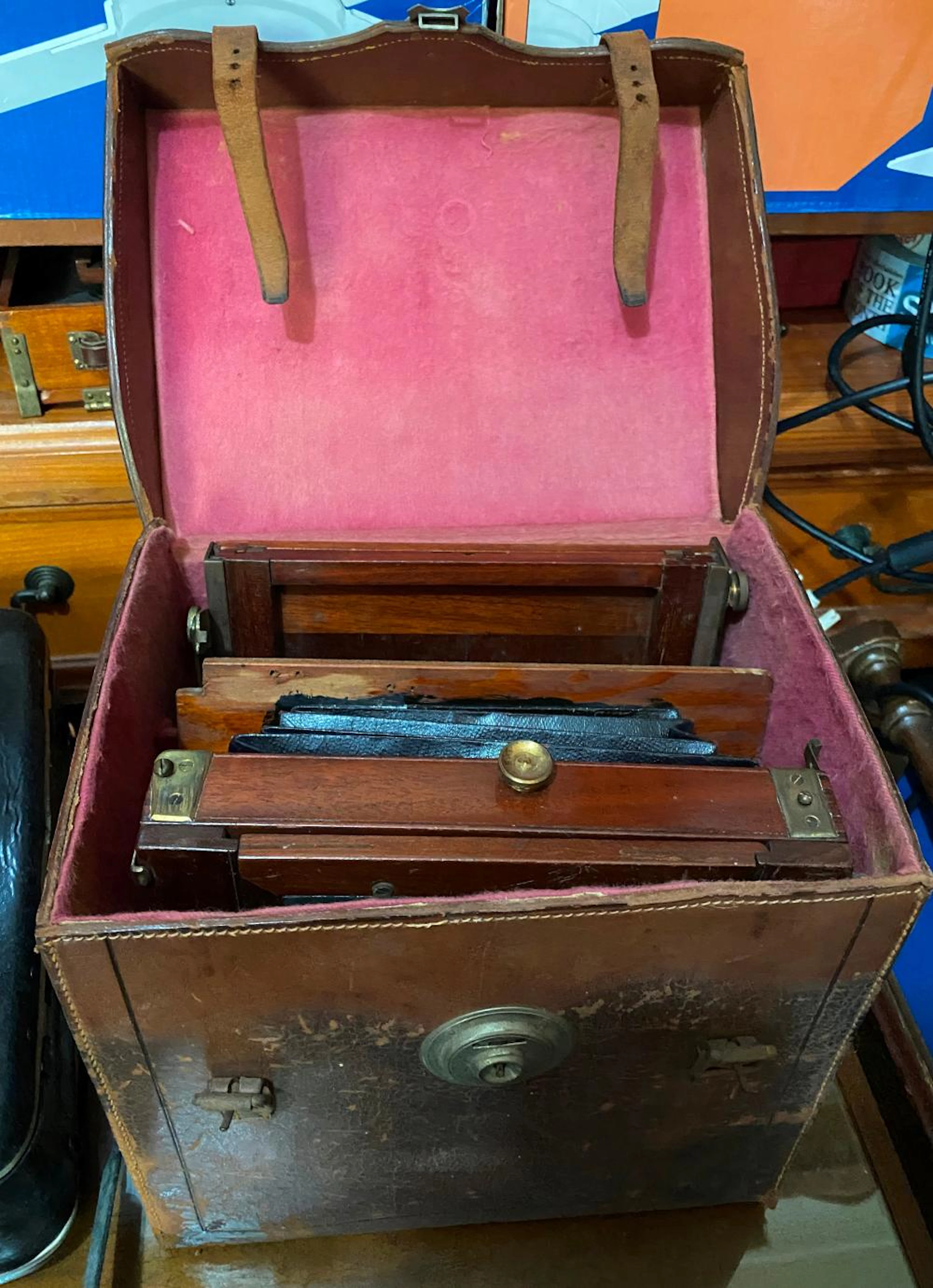 A Leather Case with Vintage Camera Plates including Smedley & Co